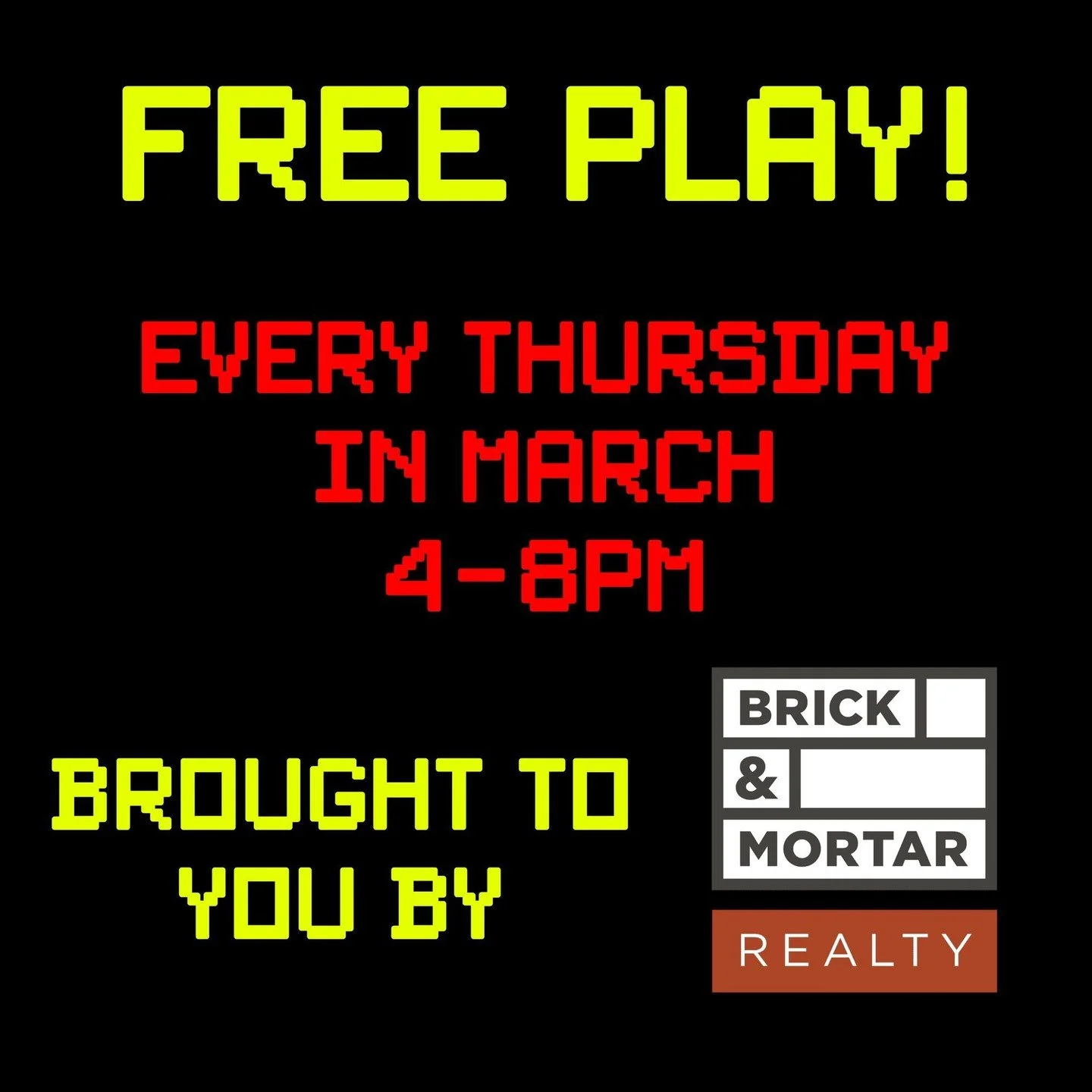 Every Thursday in March from 4-8pm, join us for unlimited free play sponsored by @brickandmortarrealtyma!

Looking to book a party, sponsor a night for your business, or hold a fundraiser? Email us at hadleyquarters@gmail.com for options