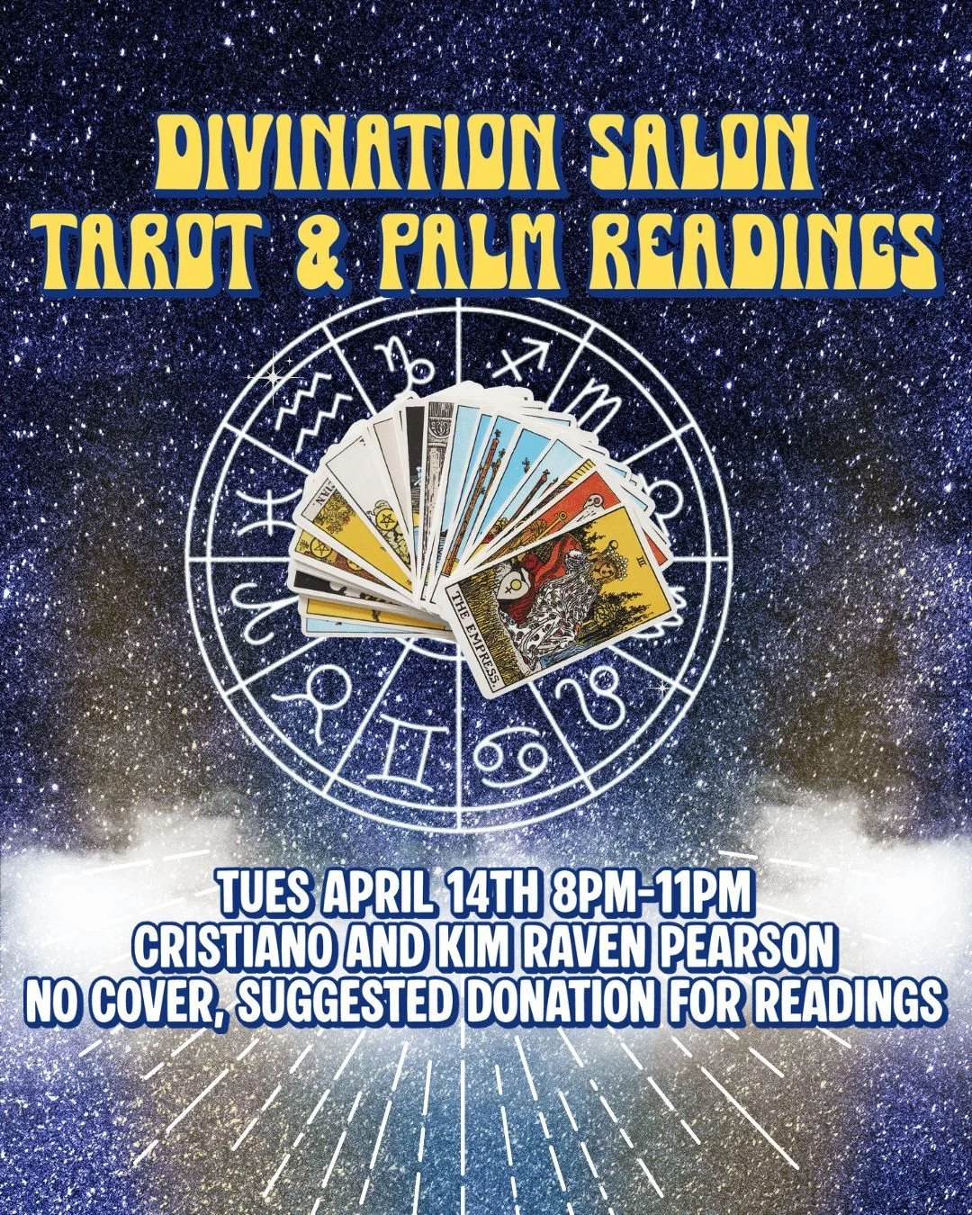 Spring has sprung and our monthly divination night is emerging from the earth once again!

Join us on Tuesday April 14th as Cristiano and Kim Raven Pearson provide palm and tarot readings from 8pm-11pm.

No cover, suggested donations for readers.