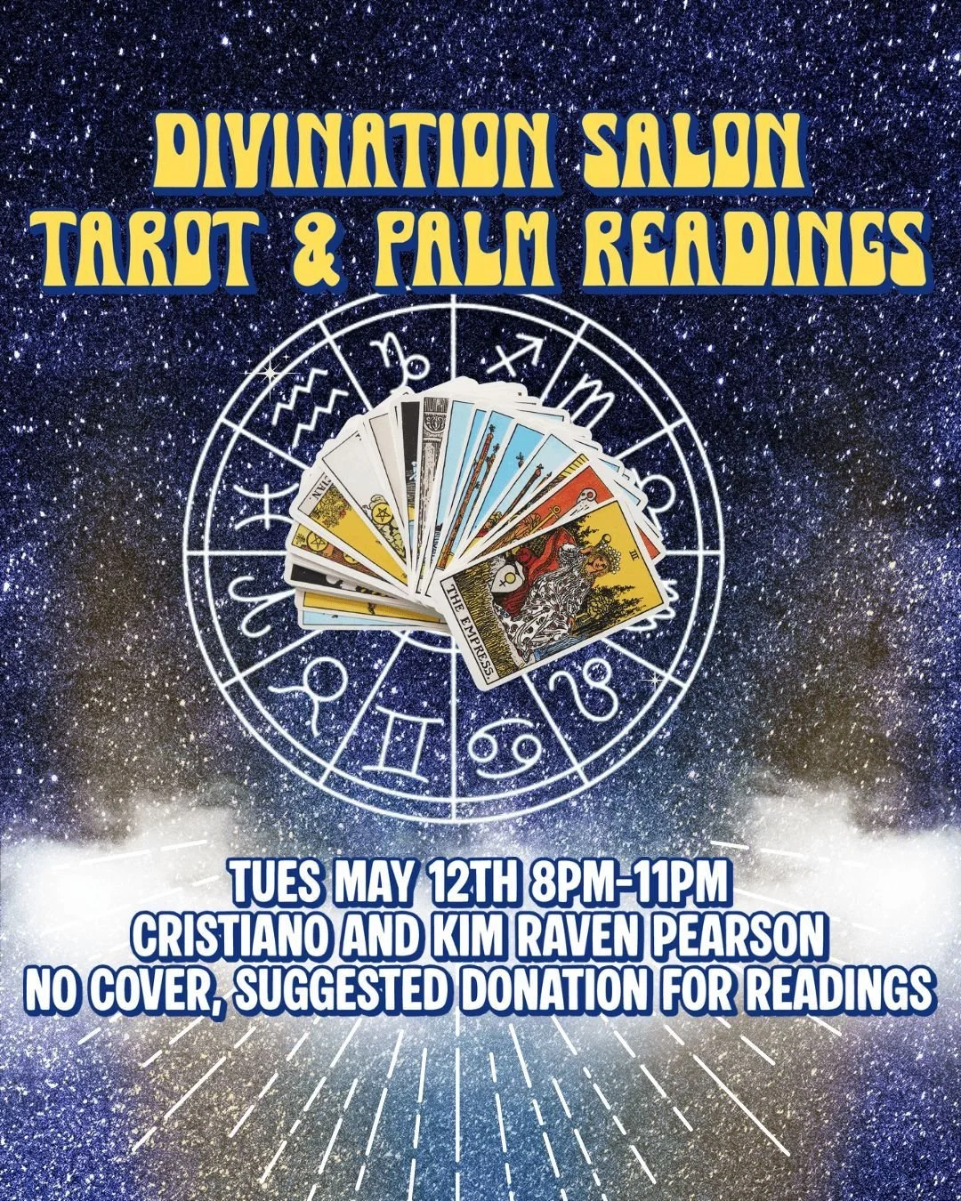 Tuesday May 12th our Divination Salon returns with the always magical Cristiano and Kim Raven Pearson reading tarot and palms for you from 8pm-11pm!