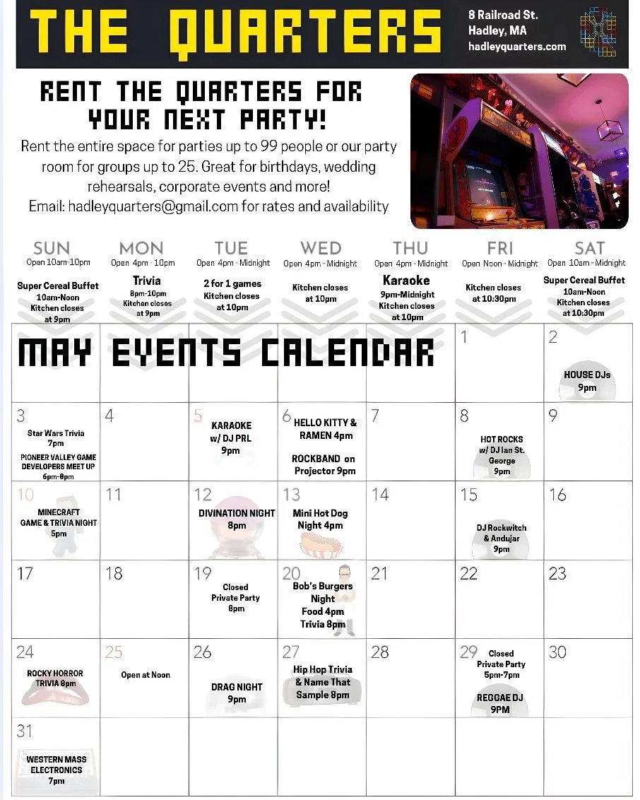 A lil peek at our monthly calendar!
Trivia every Monday, Karaoke every Thursday, Super Cereal Buffet on Sat &amp; Sun mornings and lots more coming up!
This week:
Tue 5/5 : Buy One Get One Free Games &amp; Cringe Karaoke w/ DJ PRL @ 9pm
Wed 5/6: Hell