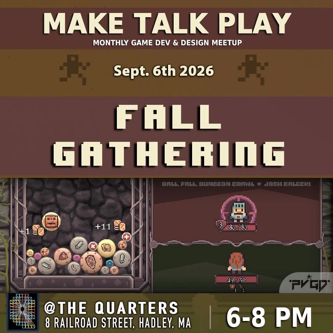 First Sunday of the month Pioneer  Valley Game Developers meet up  returns for September! Free and open to the public, come meet up, chat and hang out with other folks involved in game developing whether it's programming, writing, music, or just brai
