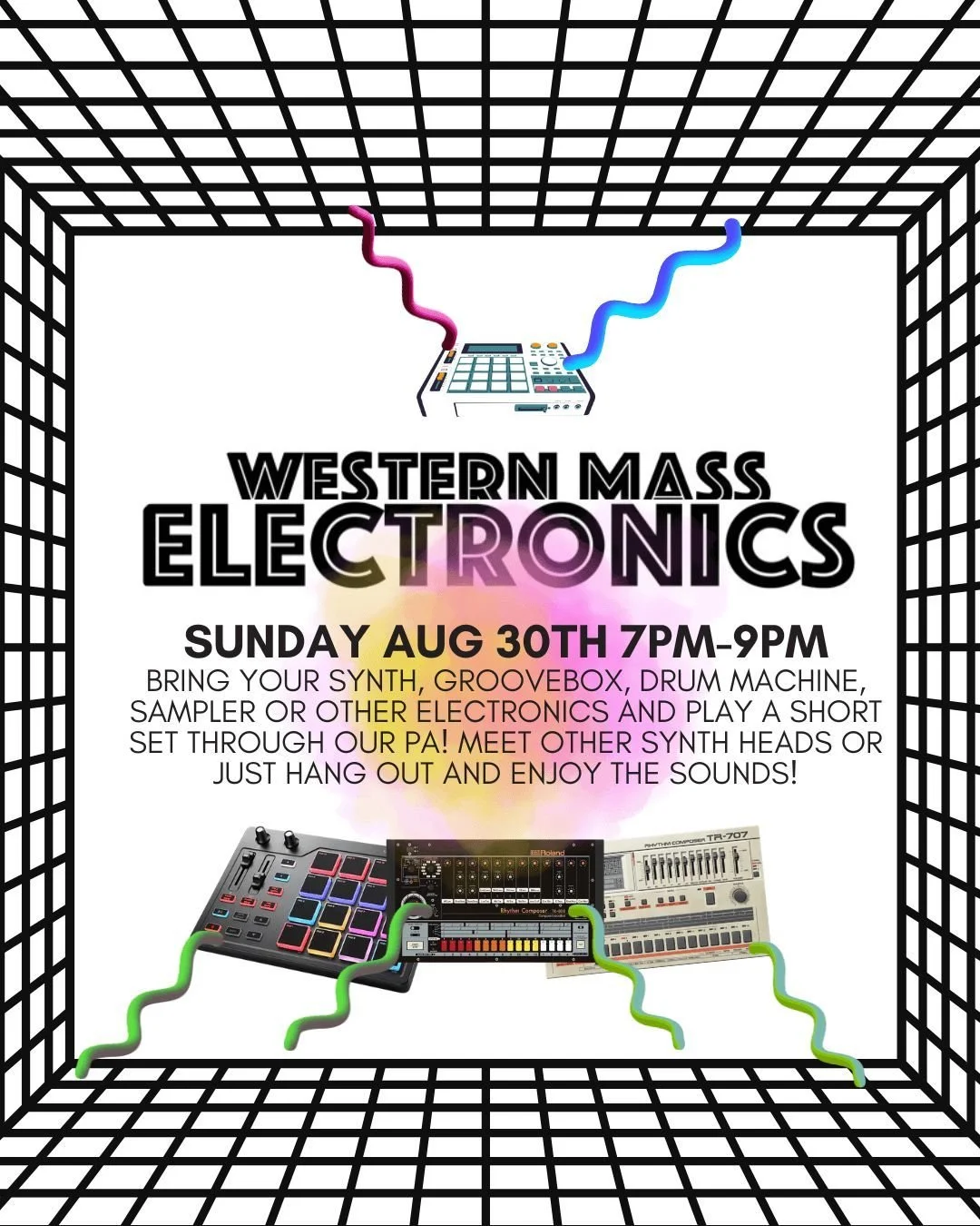 Sunday August 30th  at 7pm Western Mass Electronics returns!

Bring your synth, GROOVEBOX, Drum machine, Sampler or other electronics and play a short set through our PA! Meet other synth heads or just hang out and enjoy the sounds!