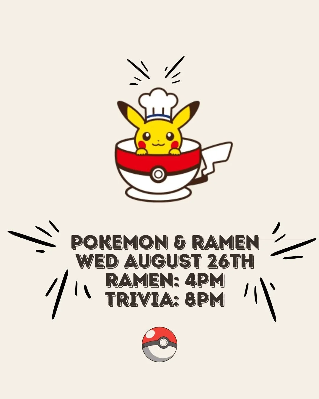 Wed August 26th head to The Quarters for Pokemon and Ramen night! Starting at 4pm we'll have a full menu of Ramen and other Pokemon themed food and drink specials!

Pokemon trivia kicks off at 8pm. $10/person, teams up to 5 players, cash prizes for t