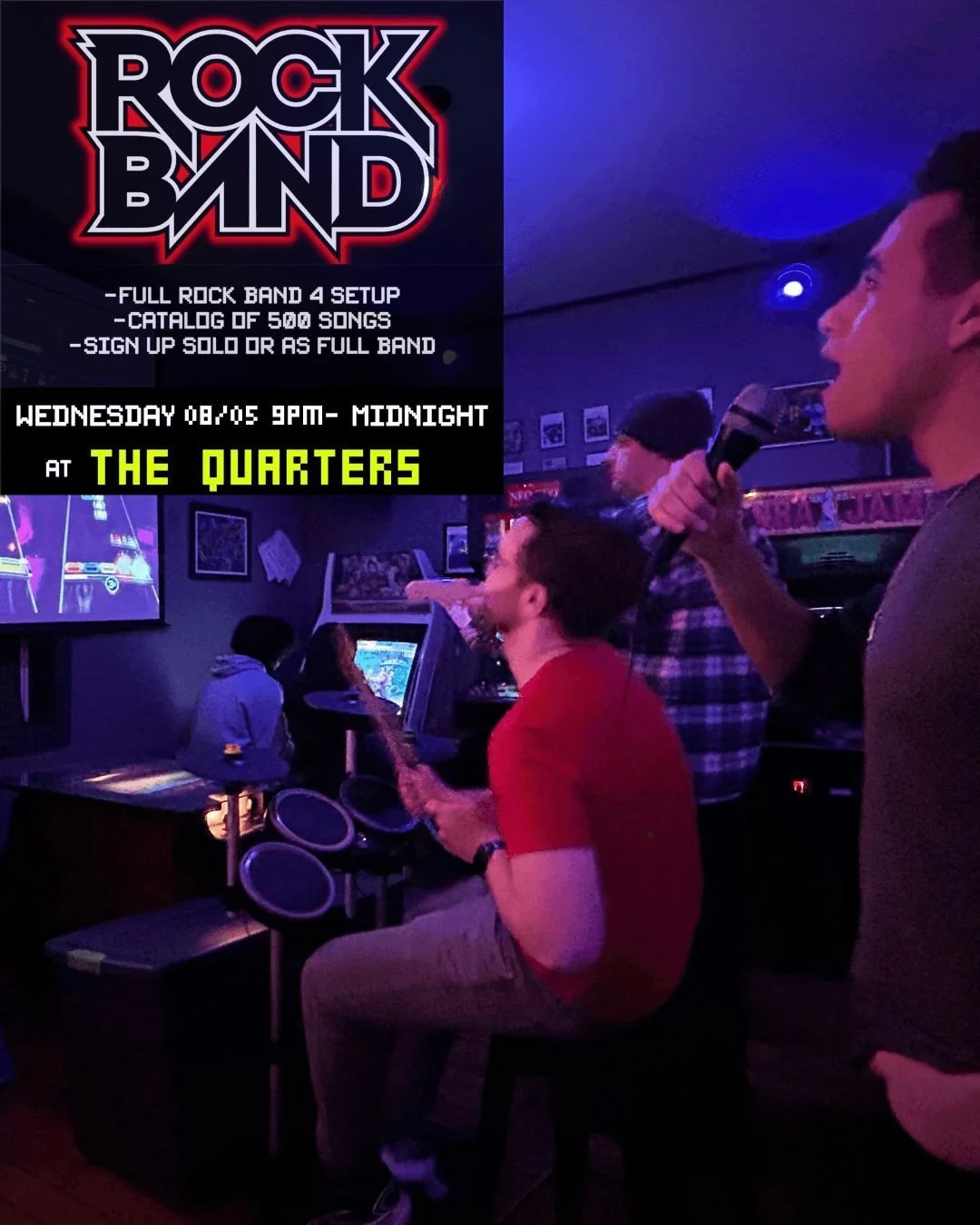 Tonight after you've had your fill of mini-hot dogs unlock your stadium rock energy and take the stage for a night of Rockband on the projector!  Choose from hundreds of songs and a full band set up so you can play any instrument, perform alone or wi
