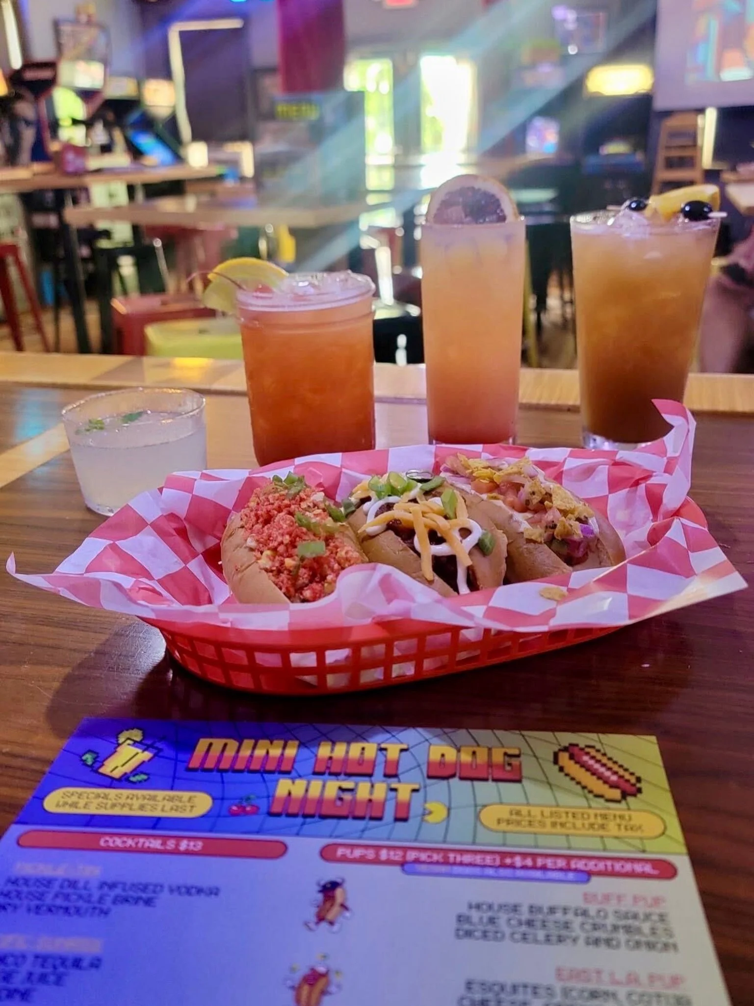 Mini hot dog night getting ready to rock and roll! Pull up a seat on the patio and give them all a try! Enjoy some drink specials between rounds of Donkey Kong or work up a sweat on Mortal Kombat 2 and reward yourself.