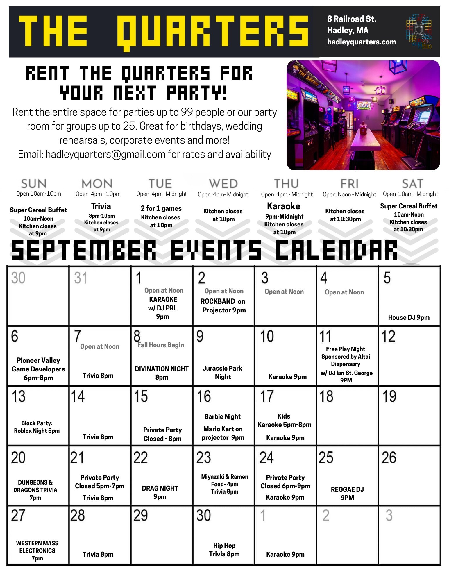 Our September Calendar is here and full of fun! Swipe right to see some of the highlights!

Every Monday night - Trivia 8pm
Every Tuesday - 2 for 1 games!
Every Thursday night - Karaoke 9pm
Every Sat/Sun - Super Cereal Buffet 10am-noon
-&mdash;
9/1 -