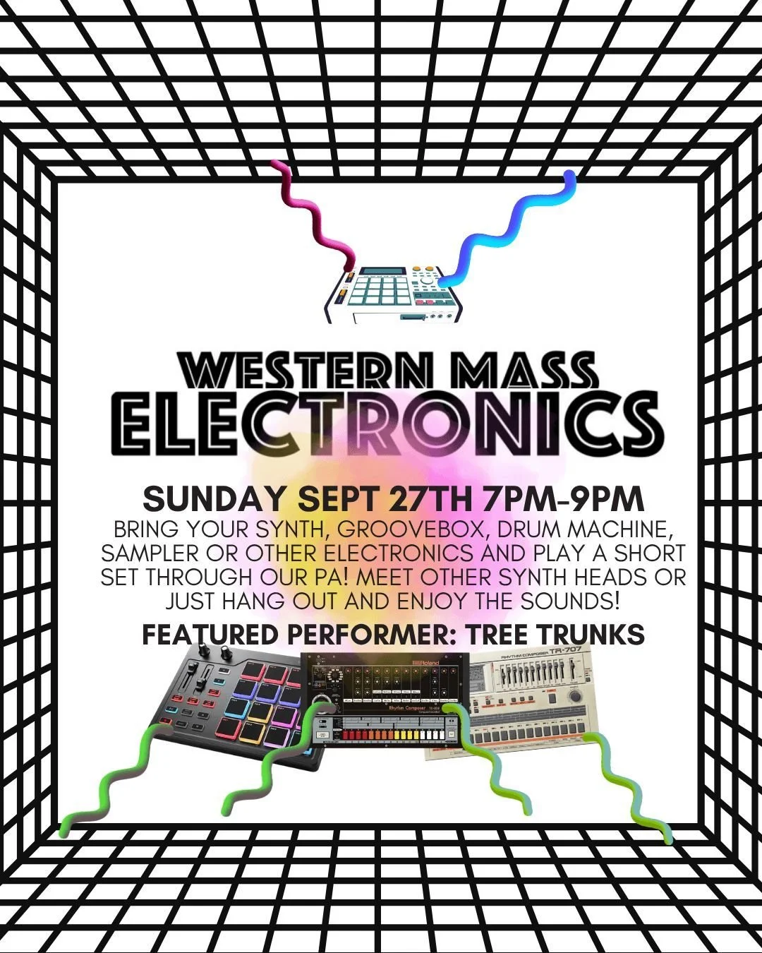 Our monthly Electronics meet up returns!
This month's featured performer is Tree Trunks!

Bring your electronics - synths, samplers, drum machines, tone generators, circuit bent hair dryers- and plug into the PA and play a 5 minute set. Or just show 