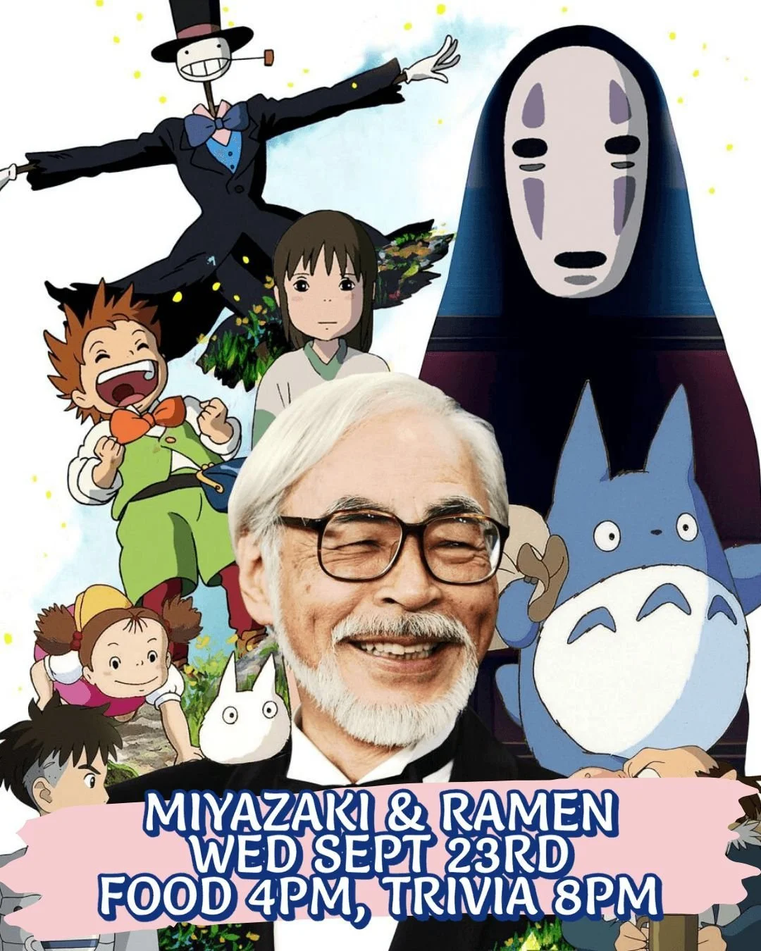 Our Miyazaki and Ramen night returns on Wednesday 9/23!

We'll have a special menu of ramen and drink specials starting at 4pm and Miyazaki trivia at 8pm!

Costumes encouraged!

Advance trivia ticket available for full teams of 5 at hadleyquarters.co