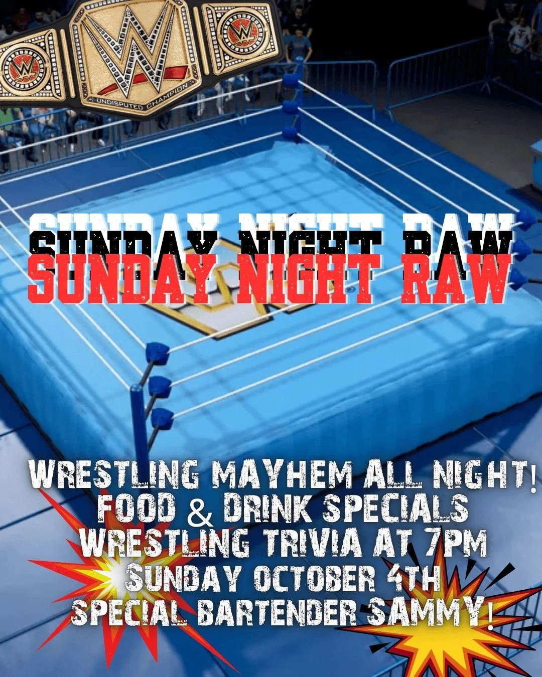 OFF THE TOP ROPES
Wrestling night at The Quarters returns!
Special guest bartender Sammy with the elbow drop!

We'll have wrestling on the projector, food and drink specials and trivia at 7pm!