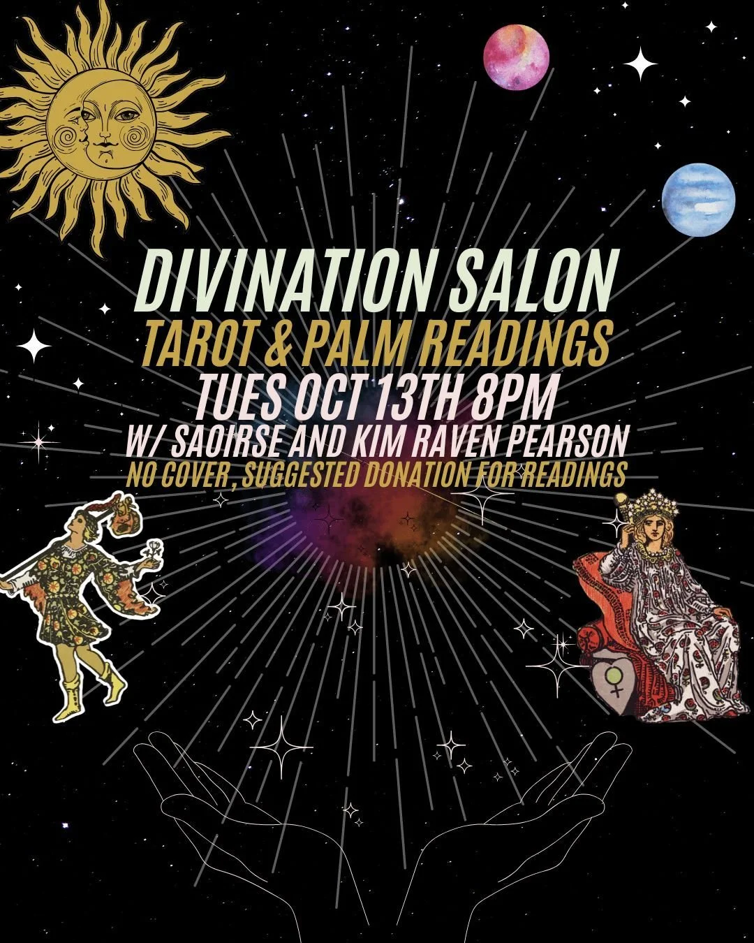 Tuesday October 13th (the second tuesday of every month!) our Divination Salon returns! A night of tarot and palm readings along with some seasonal drink specials help you welcome the cool breeze and transitional nature of fall! Seeking guidance, hav