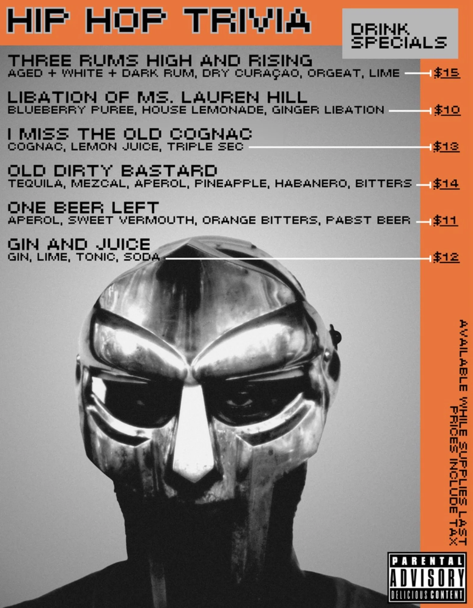 Drink specials for our Hip Hop trivia tonight!