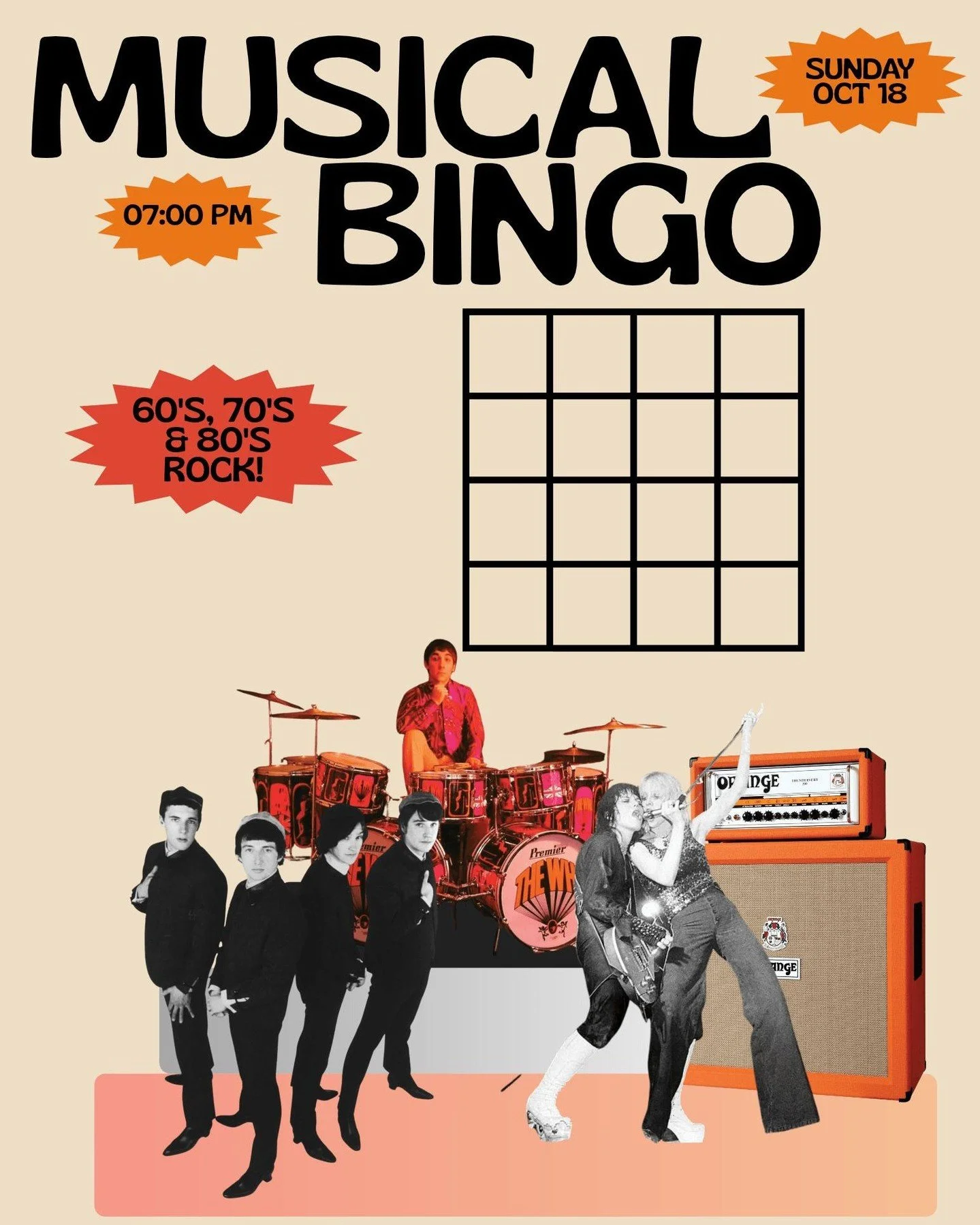 Sunday Oct 18th at 7pm join us for a night of musical bingo!
We'll be turning the dial up to 11 with a night of 60s, 70s and 80's rock!
We'll have a minimum of three rounds (all depends on how long each round takes!) we're we play you songs and try y