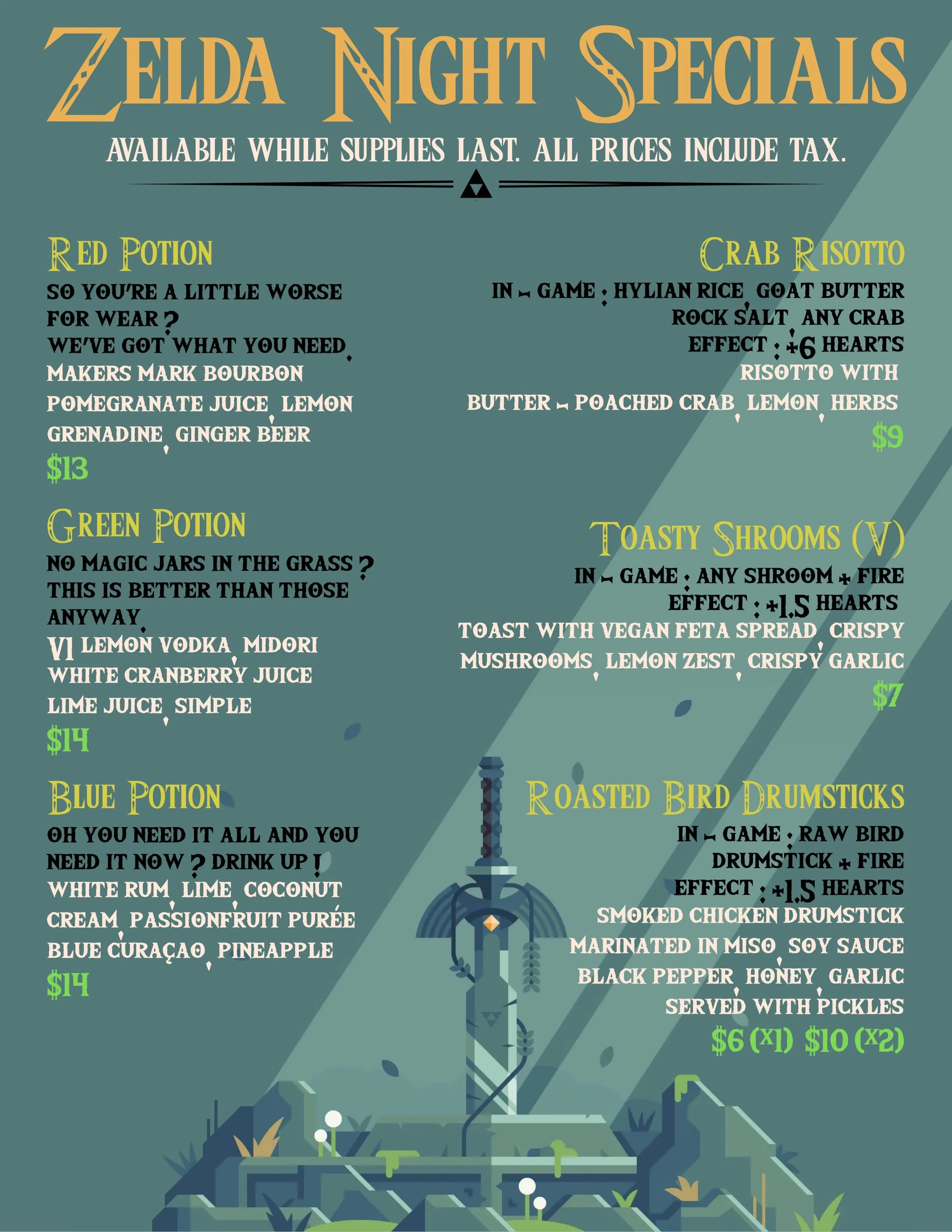 Menu for our Zelda night Wed! Specials start at 4pm, trivia at 7pm!