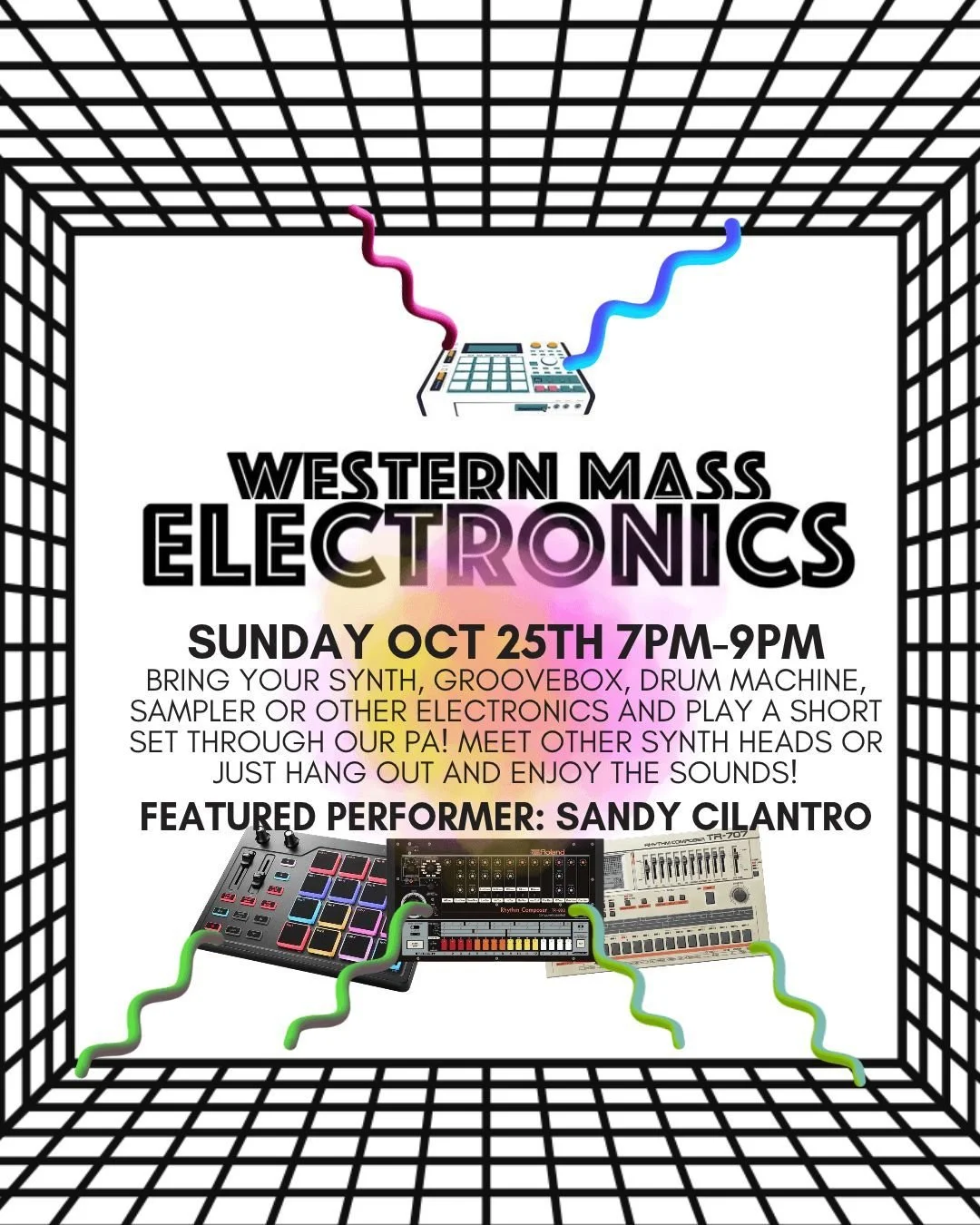 Sunday Oct 25th from 7-9pm our monthly Western Mass Electronics night returns!

Bring your synth, sampler, casio, home-brew electronics or other instrument and play a 5 minute set through our PA or just come hang out and enjoy the sounds!

This month