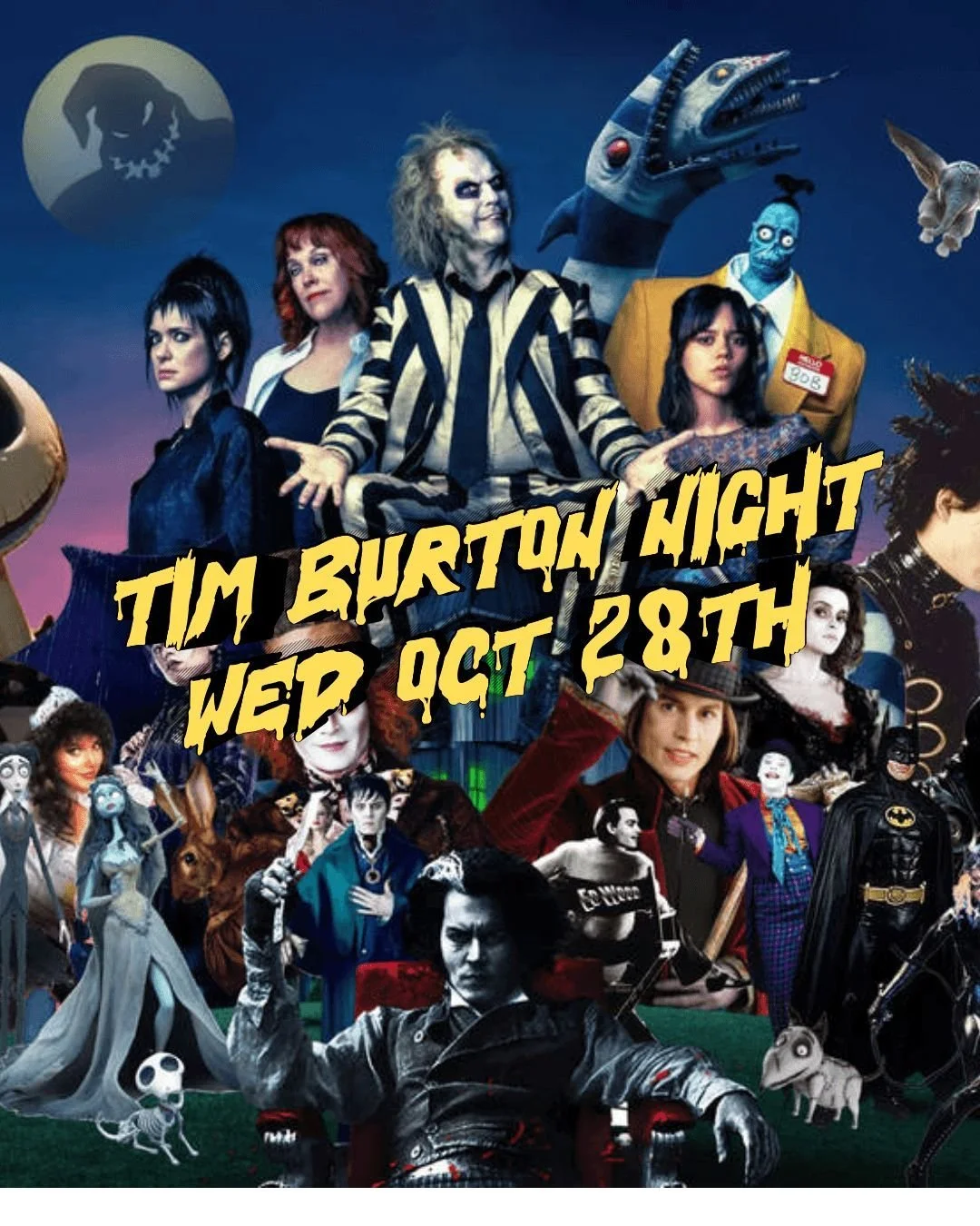 Wed Oct 28th join us for our Tim Burton Nightmare before halloween! Enjoy a night of food and drink specials from the Burton-verse along with movies on the projector and more!