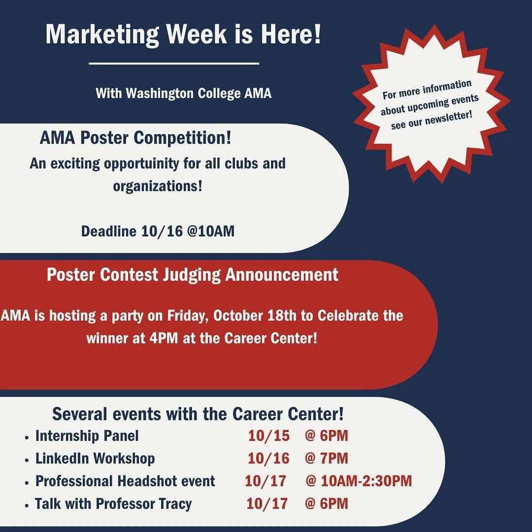 Get excited everyone, marketing week is here. Join us for various opportunities to learn how to advance your career. Reminders will be on our instagram page all week!
