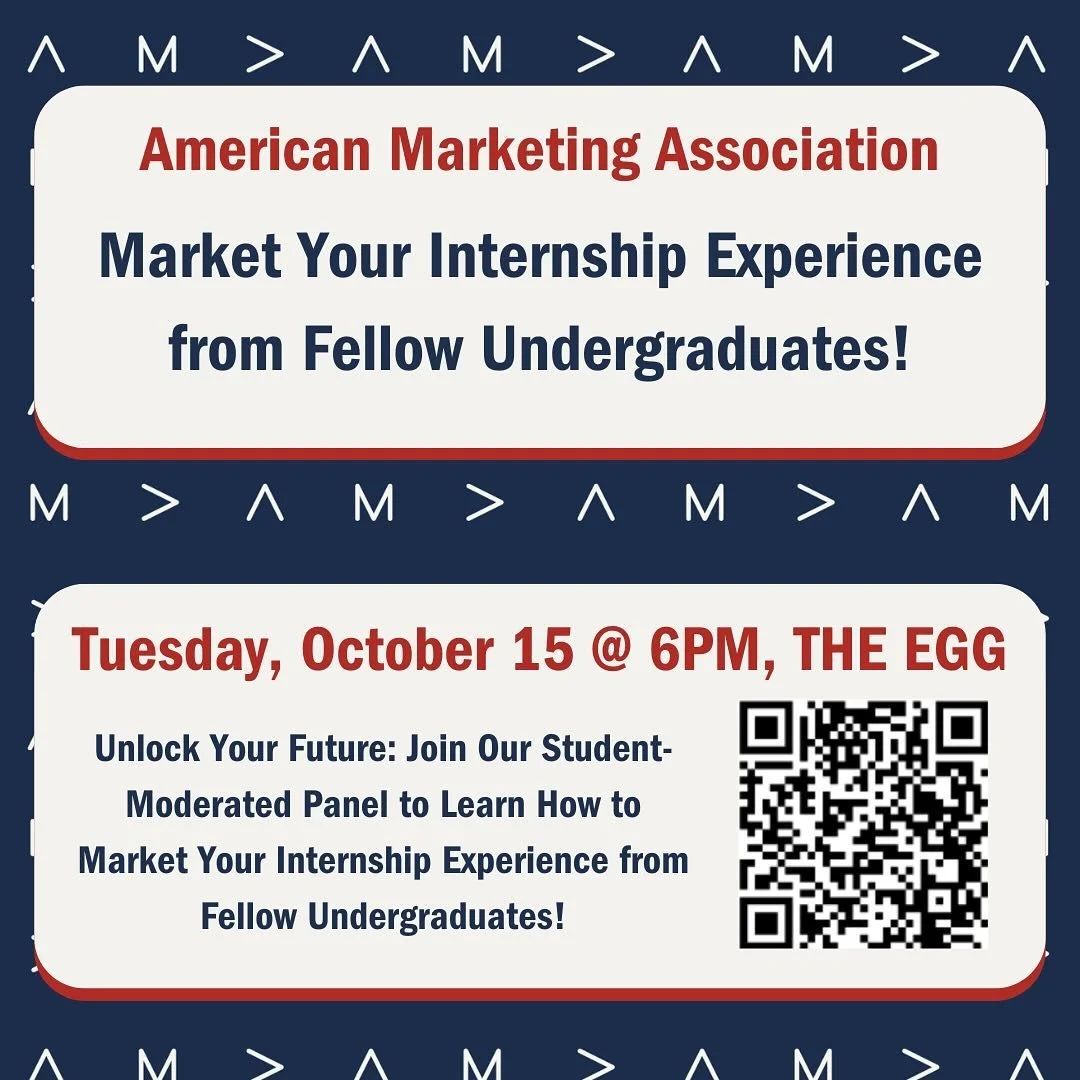 Tonight, 10/15 @ 6pm AMA is hosting an internship panel in The Egg! Stop by to learn about various internships and how to market them!