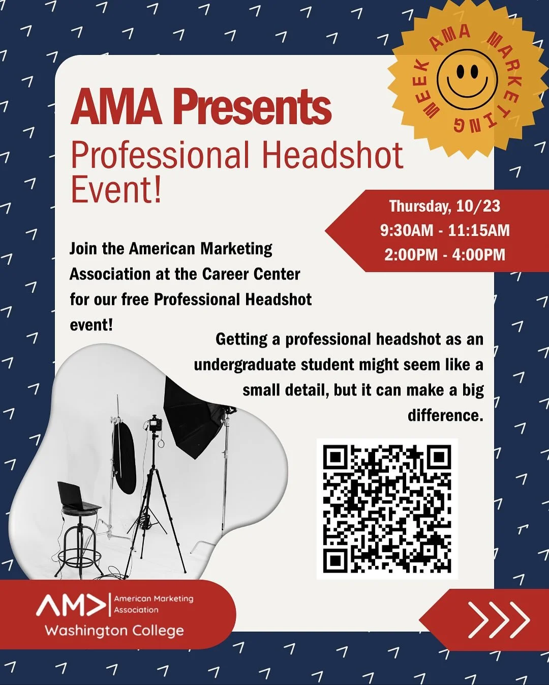 The AMA is back in action for the semester! 🙌
We&rsquo;re starting strong with a campus headshot event perfect for resumes, LinkedIn, and more.
Join us ONE WEEK FROM TODAY, Thursday 10/23 from 9:30-11:15 and 2:00-4:00 📸✨