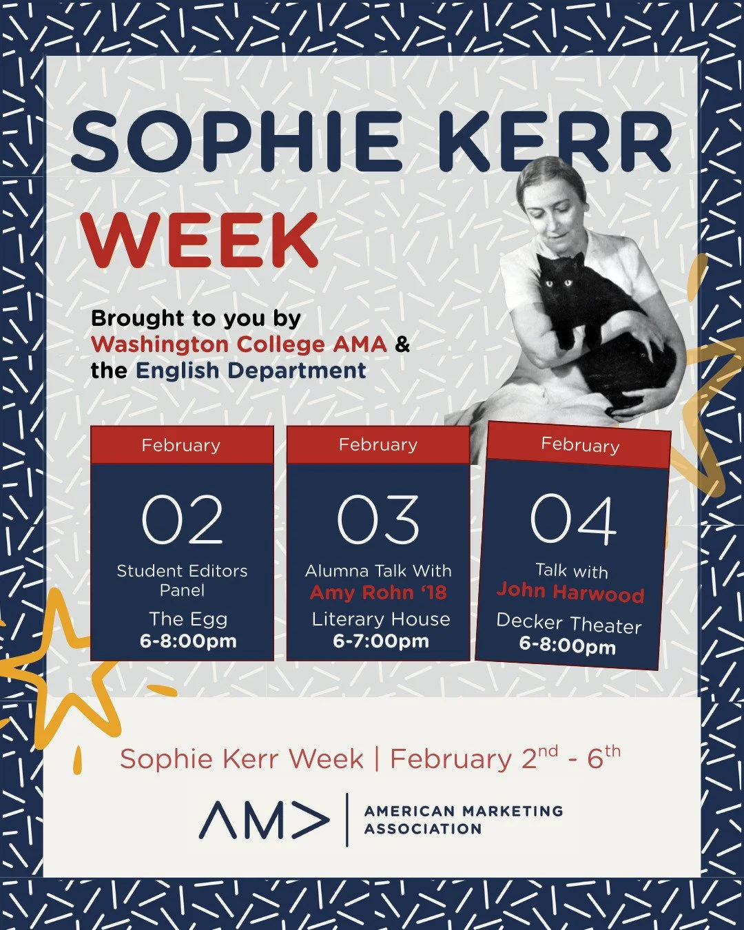 Sophie Kerr Week is just around the corner! 
Join us February 2&ndash;4 for panels, talks, and conversations celebrating writing, editing, and literary careers. These exciting events are a collaboration between Washington College AMA, the English Dep