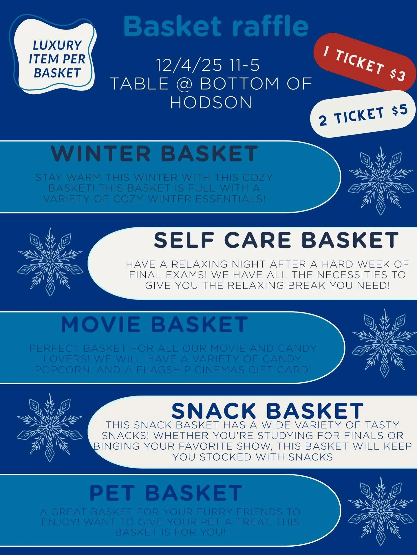 Finals season just got better 💙
Stop by our Basket Raffle on 12/4 (11&ndash;5) at the bottom of Hodson for your chance to win cozy winter items, self-care essentials, movie night goodies, snacks, and even pet treats!