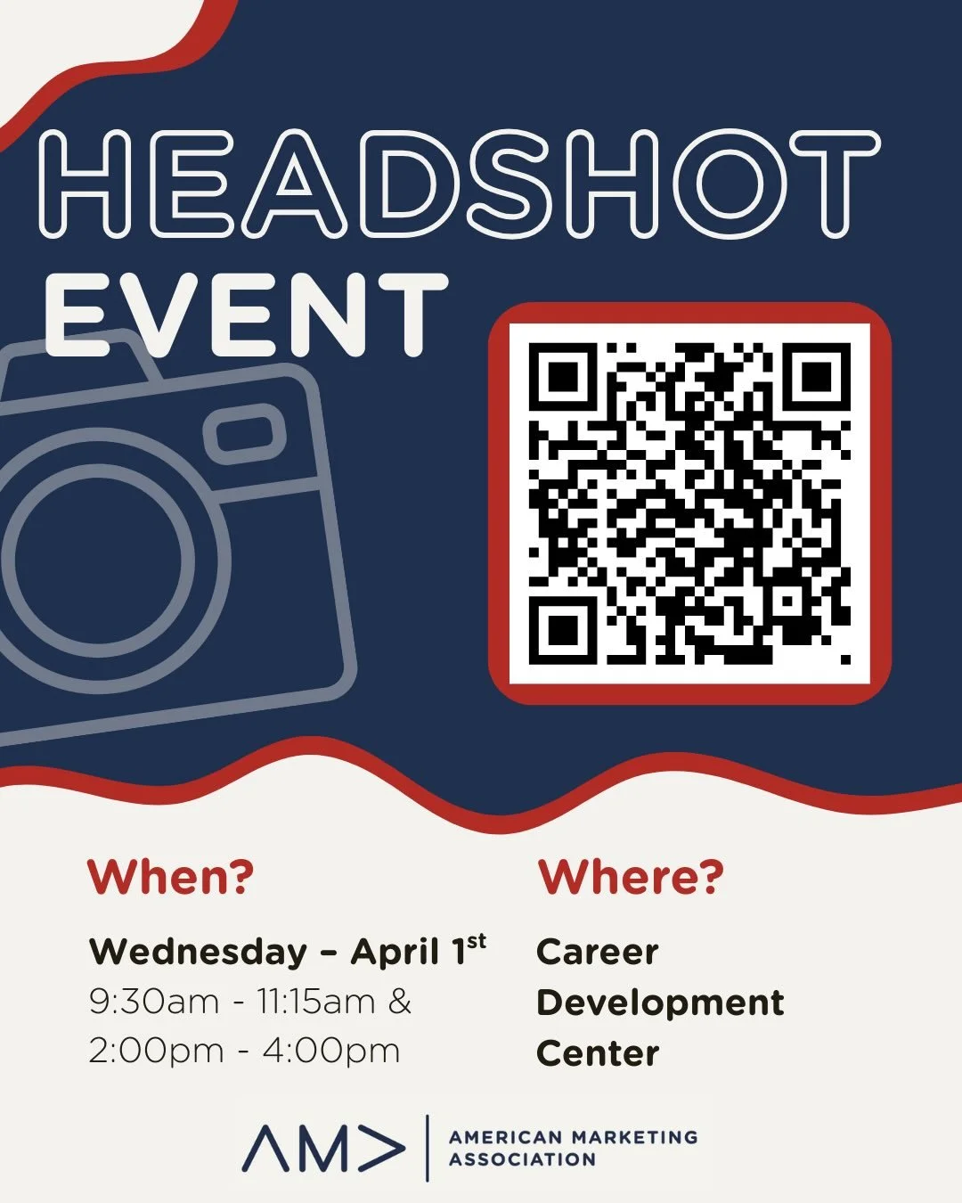 The AMA Professional Headshot event is here! Join our chapter in the Career Center April 1st to get an updated *free* headshot. Sign up quickly before time slots begin to fill up!