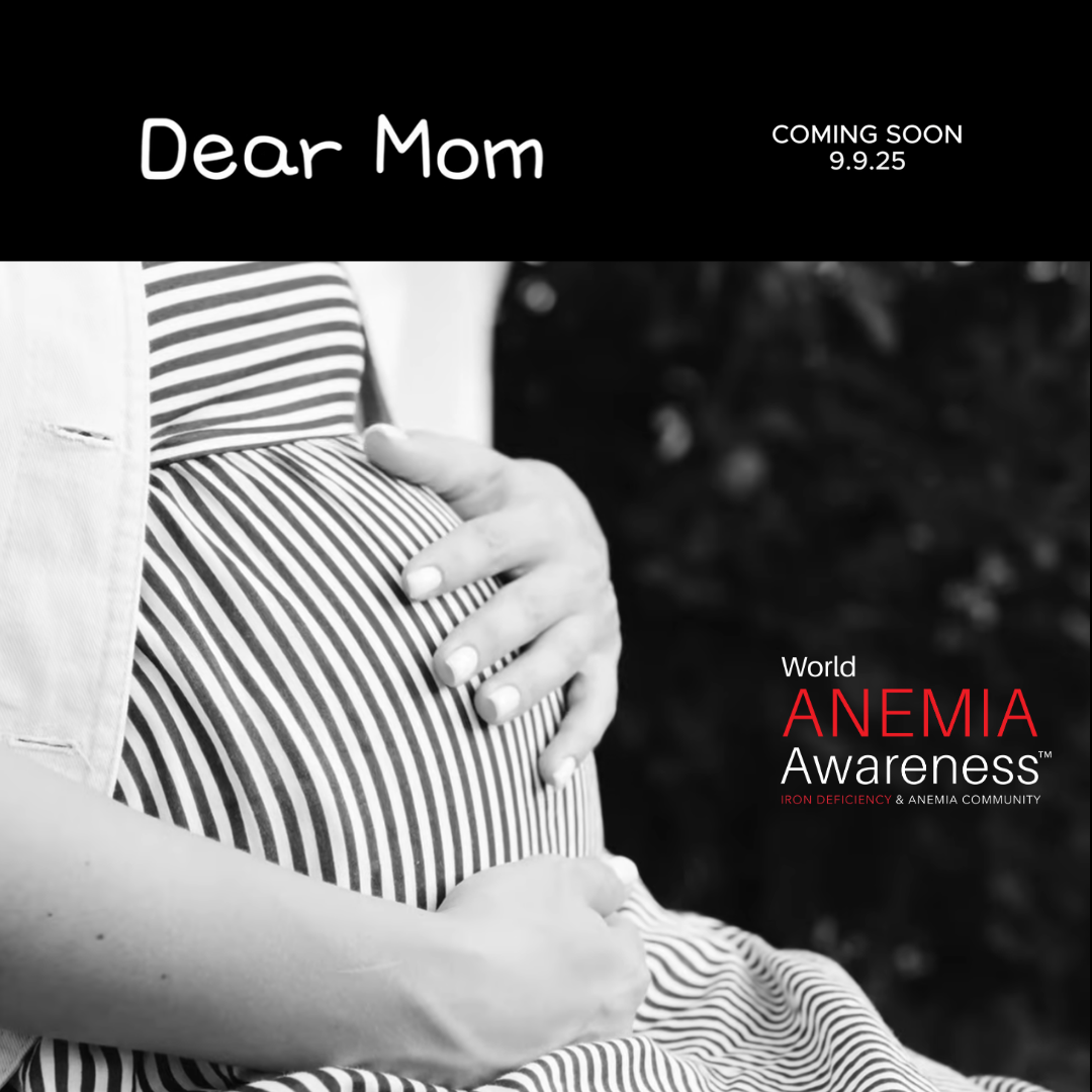 A pregnant woman wearing a striped dress and a light-colored jacket, holding her belly with both hands. The image promotes World Anemia Awareness, highlighting the importance of addressing iron deficiency and anemia community efforts.