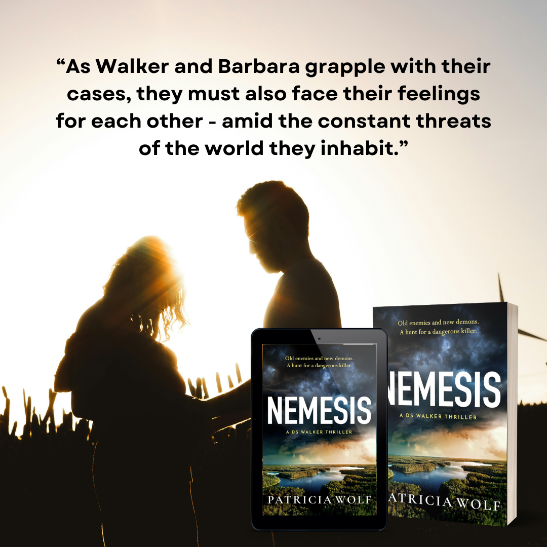 Silhouette of a man and woman holding hands against a bright sunset, with a book and a tablet showing the cover of the novel 'Nemesis' by Patricia Wolf in the foreground.
