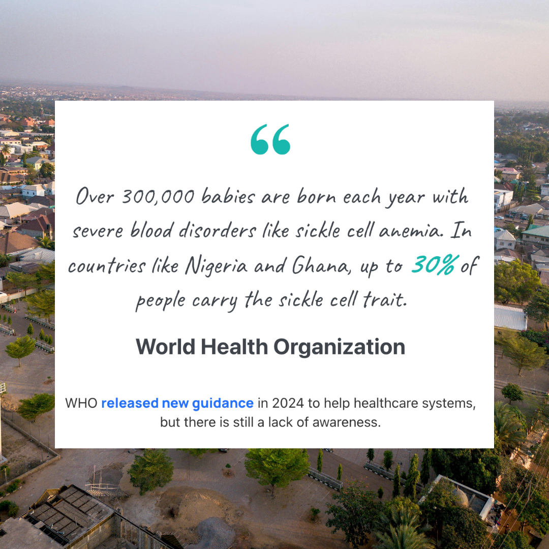 A text overlay on an aerial view of a suburb, discussing sickle cell anemia and the WHO's 2024 guidance to improve healthcare awareness.