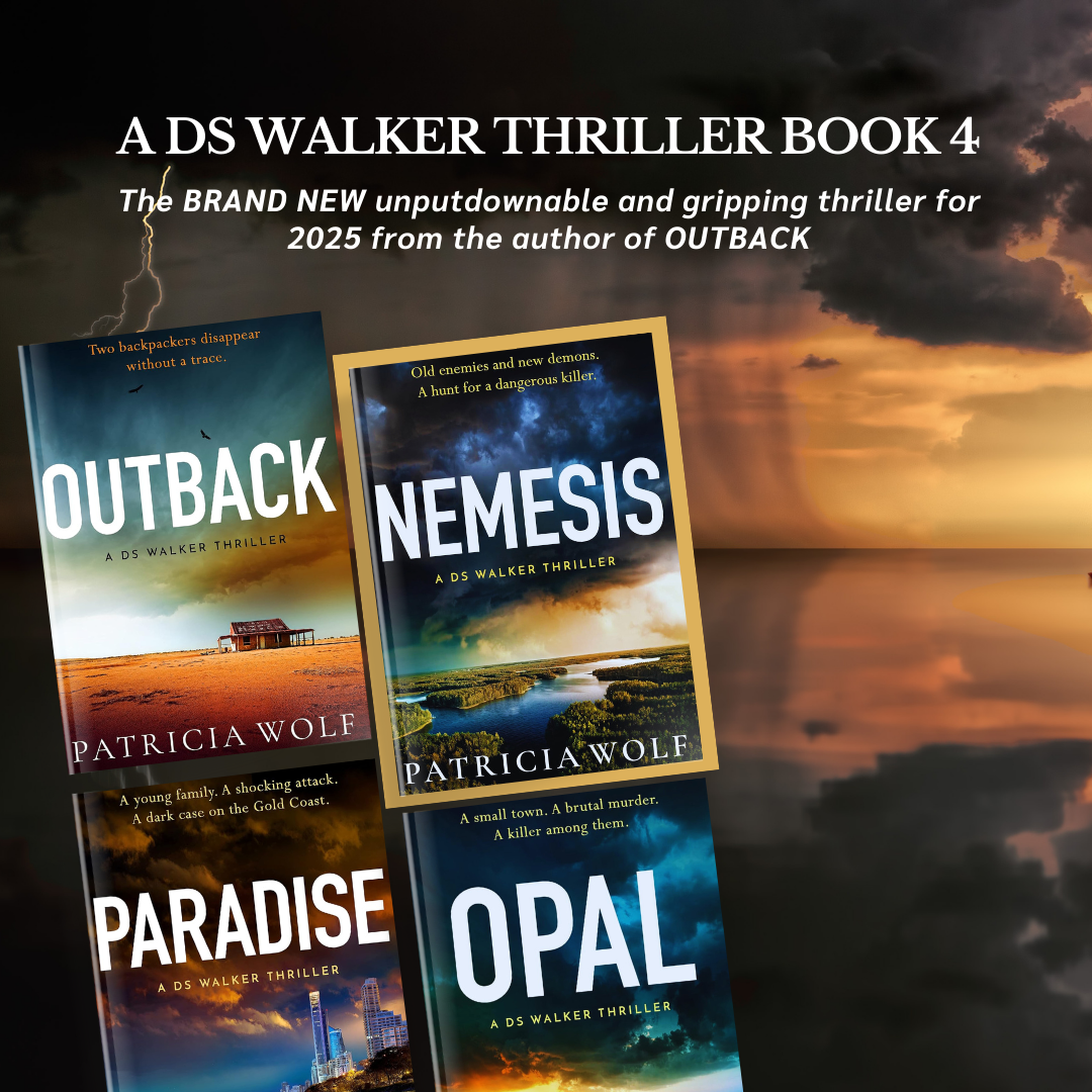 Image of four book covers for the D.S. Walker thriller series, titled Outback, Nemesis, Paradise, and Opal, set against a background of a stormy sky over a sunset or sunrise over water.