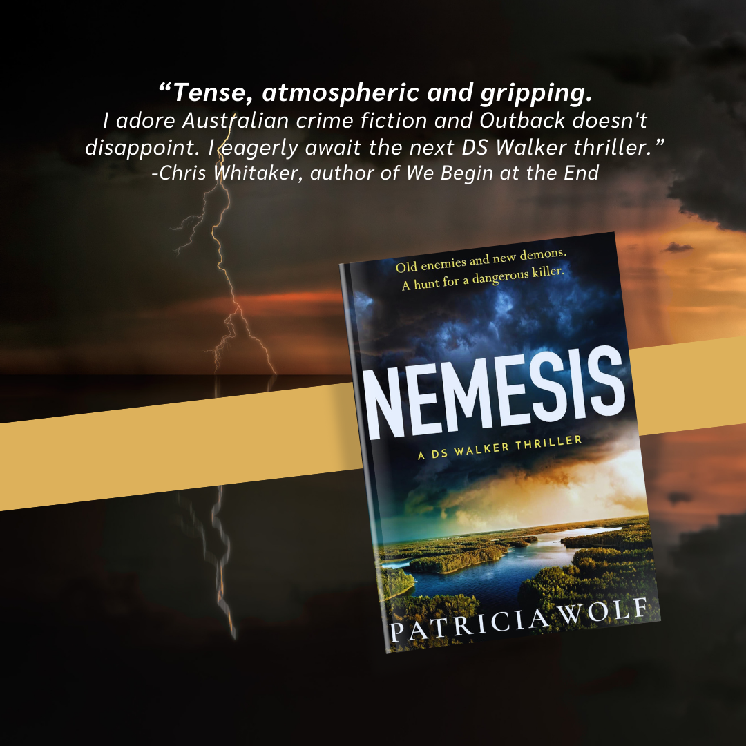 A book cover titled "Nemesis" by Patricia Wolfe, featuring a landscape with a river and trees under a dark, stormy sky with clouds and lightning.