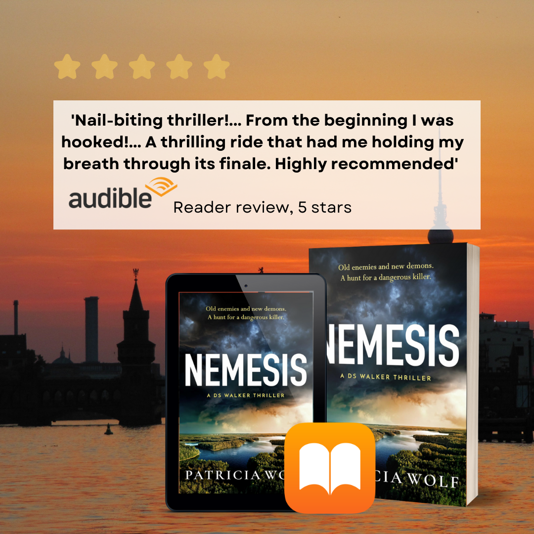 Review for the audiobook 'Nemesis' by Patricia W. Wolf displayed next to a physical book and an e-reader, with a sunset cityscape background and a five-star rating above.