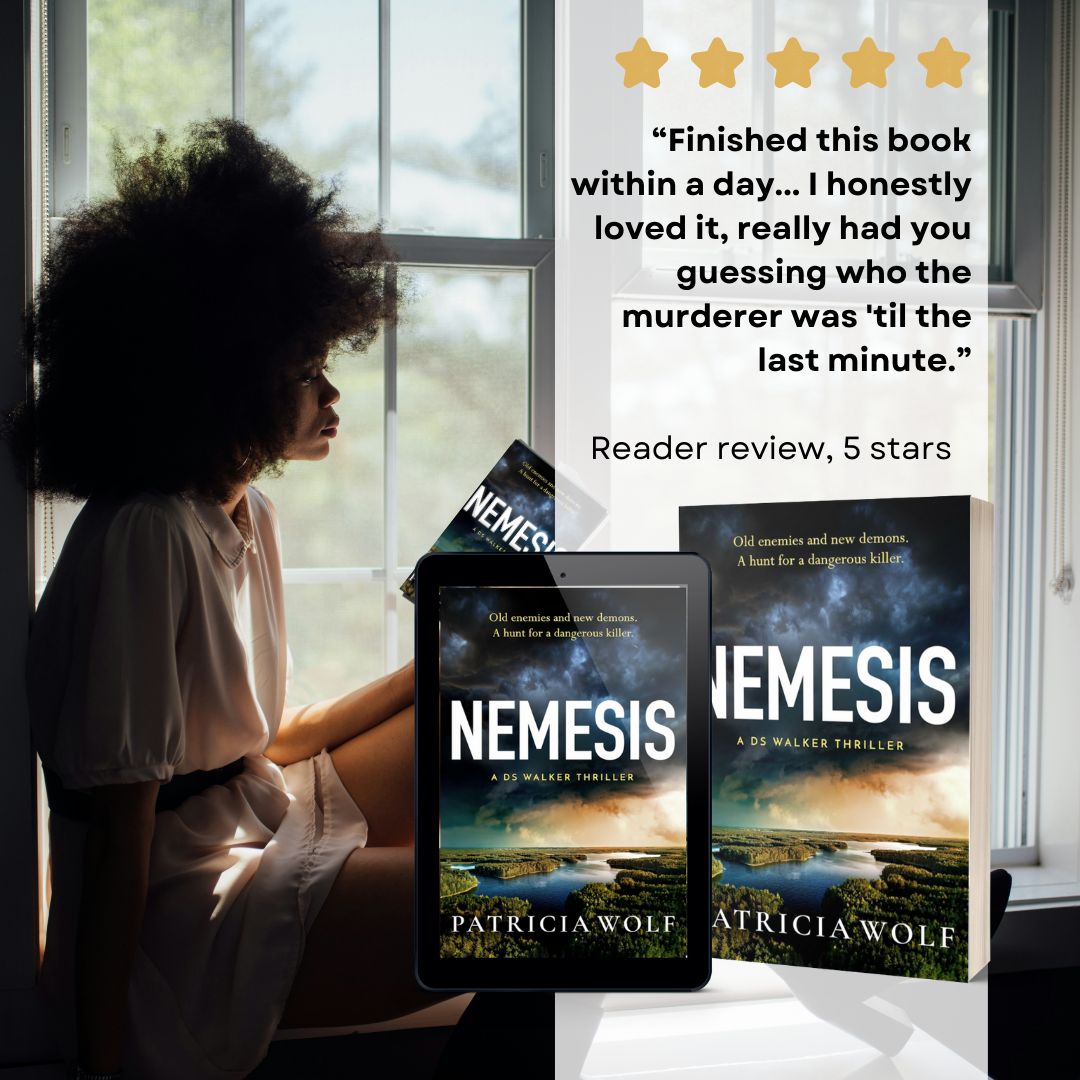 A young woman with curly hair sits by a window, looking contemplative. In front of her are promotional materials for the book "Nemesis" by Patricia Wolf, including a physical copy, a tablet, and a book cover. The image also features a quote praising