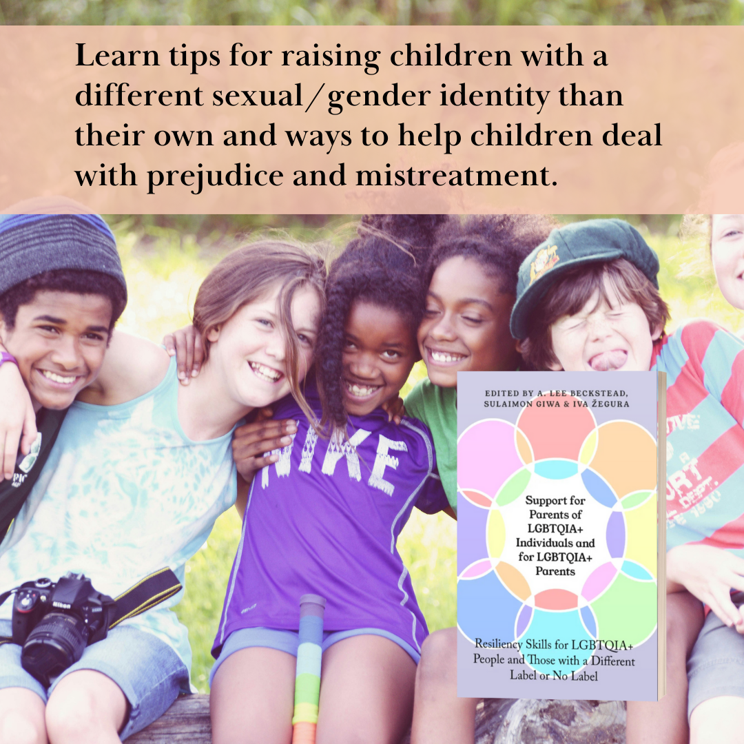 Group of diverse children smiling outdoors with a book titled Support for Parents of LGBTQIA+ Individuals and for LGBTQIA+ Parents.