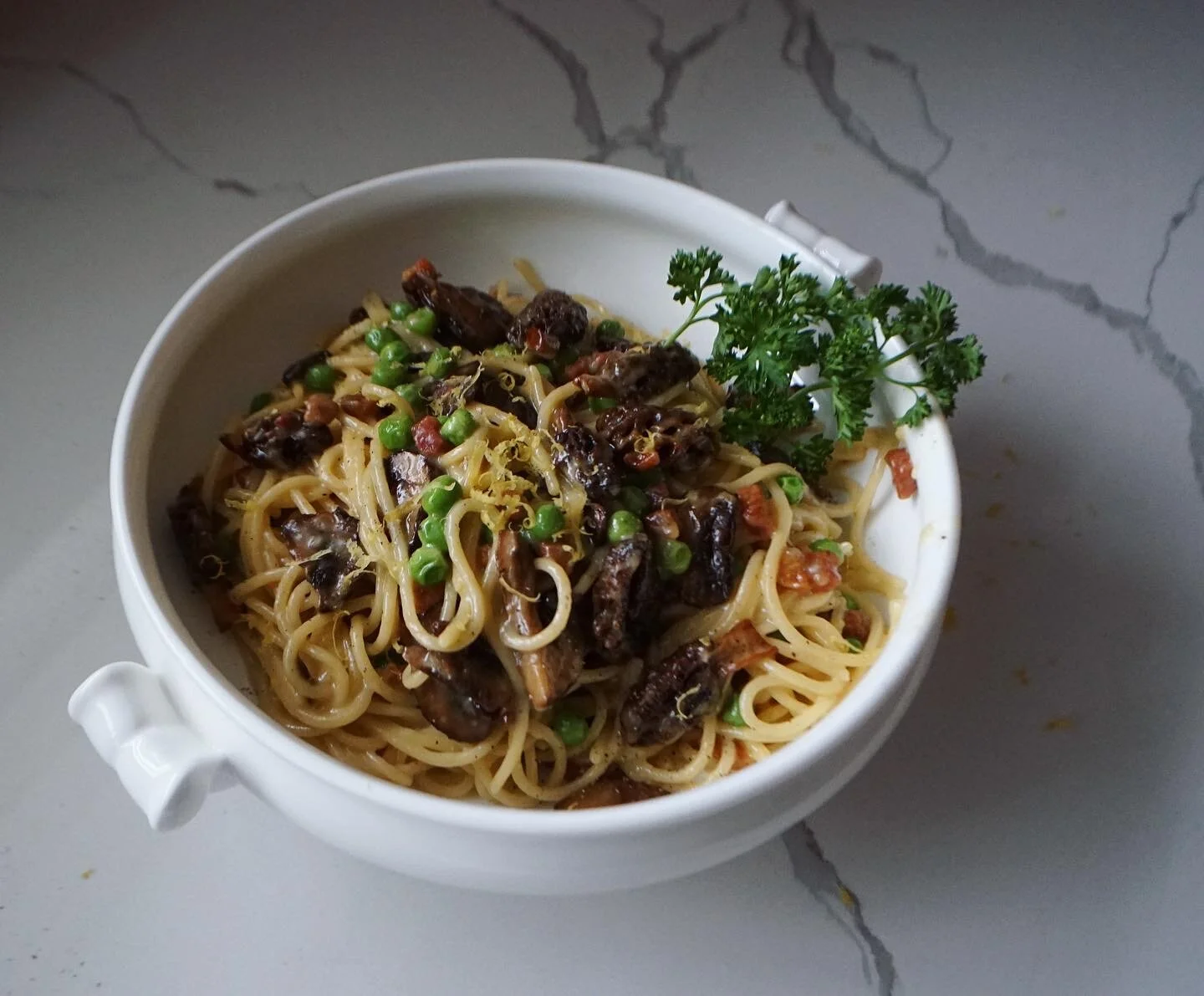 Springtime Spaghetti Carbonara with Foraged Morel Mushrooms
