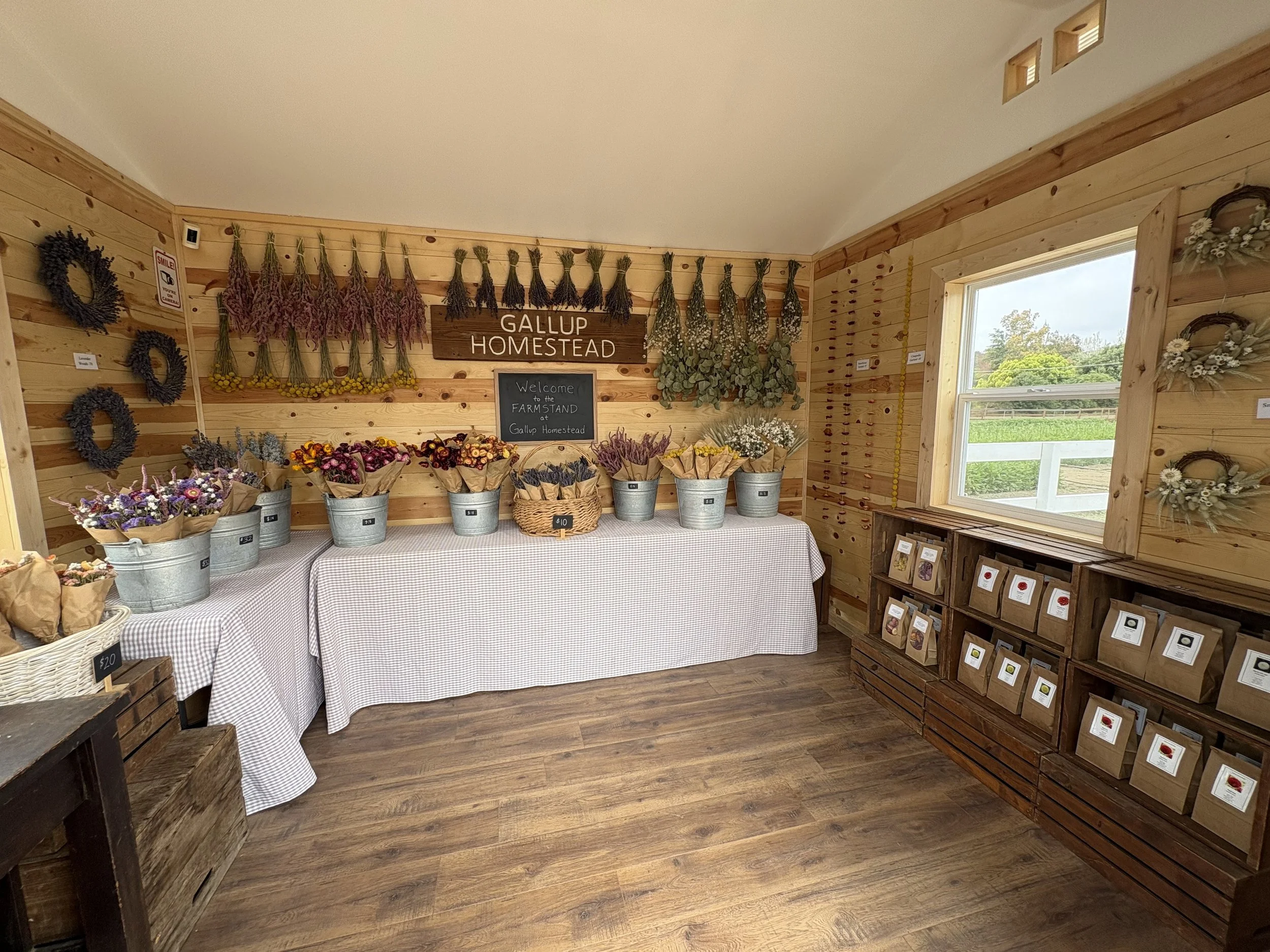 Interior of a farm stand with a wooden sign reading 'Gallup Homestead,' decorated with dried flowers and wreaths. Shelves and baskets display various dried flowers and floral crafts, with a window showing a green farm landscape outside.
