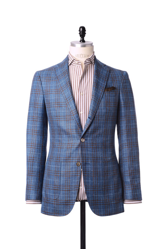 Blue Plaid Sport Coat and Striped Collar Shirt
