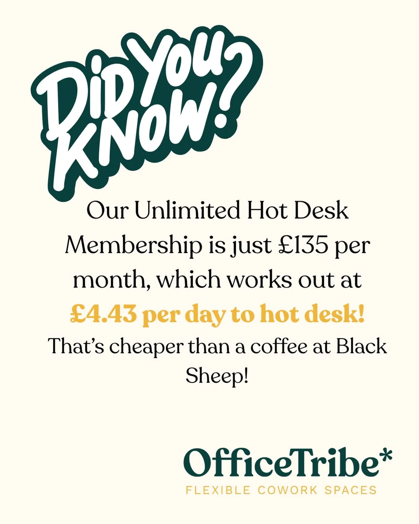 Did you know&hellip;

Did you know our Unlimited Membership is just &pound;135 per month, that&rsquo;s &pound;4.43 a day to hot desk! 

Cheaper than a cup of coffee at Black Sheep, and you get a desk, fast Wi-Fi, great coffee, free zoom booth booking