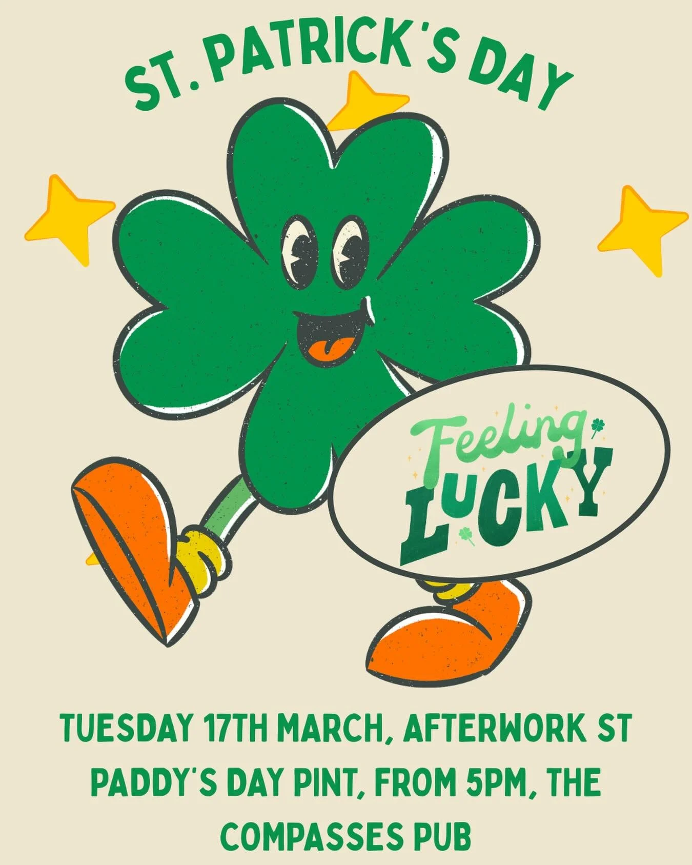 🍀 Feeling Lucky? 🍀

To celebrate St. Patrick&rsquo;s Day, we&rsquo;re inviting all OfficeTribe members to join us for a relaxed after-work pint.

📅 Tuesday 17th March
⏰ From 5pm
📍 The Compasses Pub

A great chance to finish the workday, grab a dr