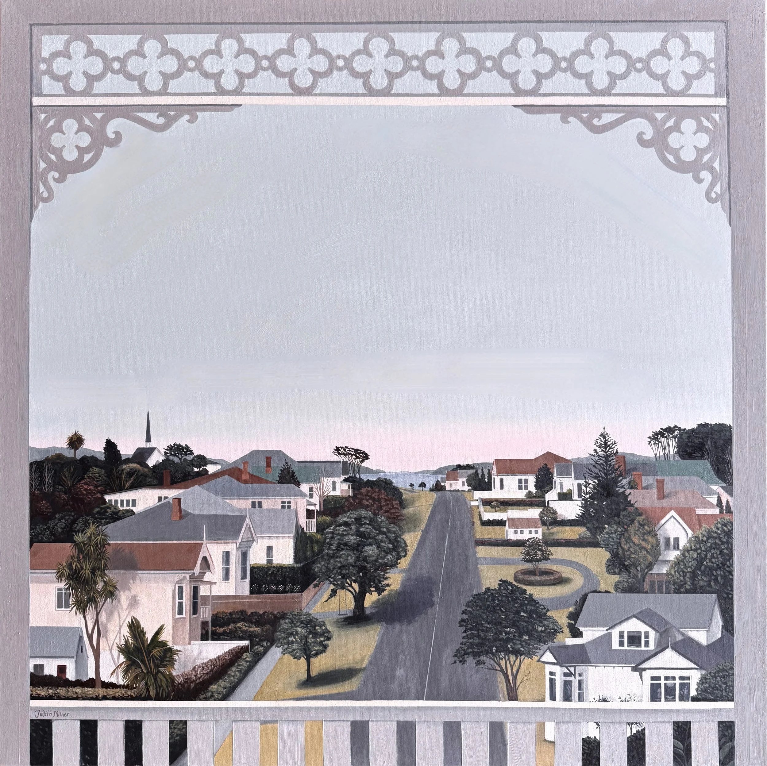Suburban New Zealand landscape painting featuring a quintessential view of character villas and native plants