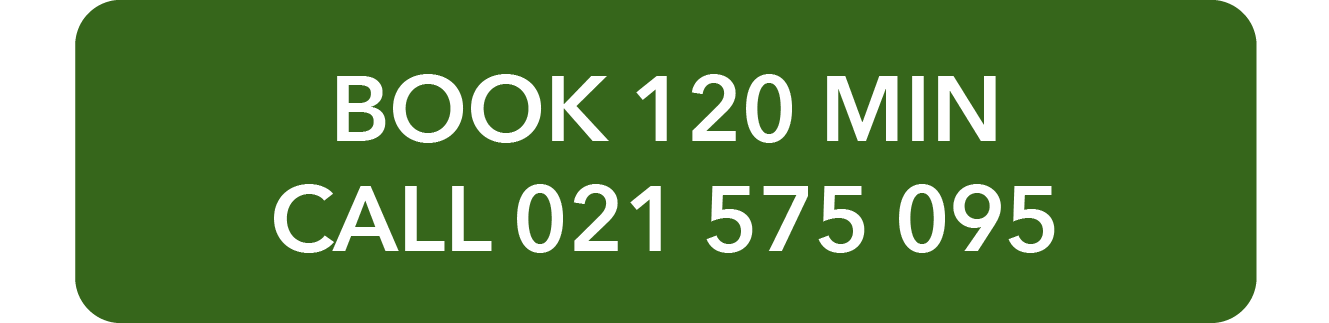 Green rectangular sign with white text that says, "BOOK 120 MIN, CALL 021 575 095."
