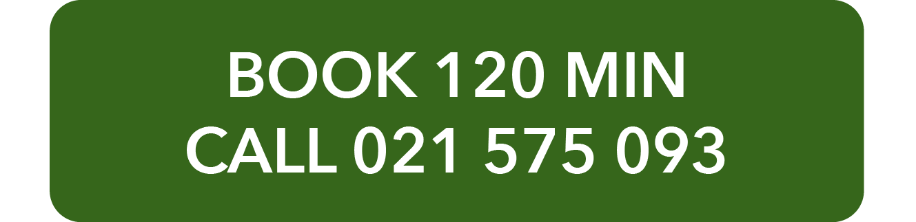 Green rectangular sign with white text that reads: "BOOK 120 MIN CALL 021 575 093."