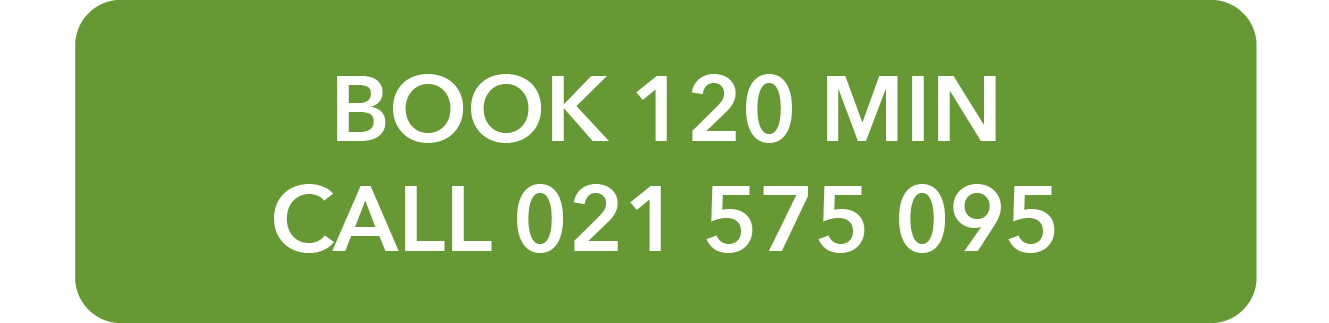 Green rectangular sign with white text that reads: "BOOK 120 MIN, CALL 021 575 095".