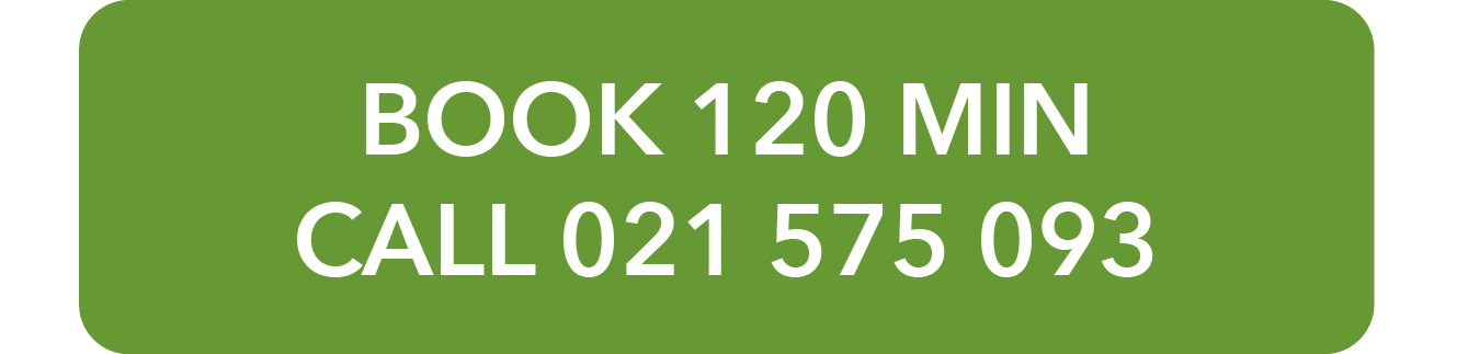 Green rectangular sign with white text that reads, "BOOK 120 MIN CALL 021 575 093".