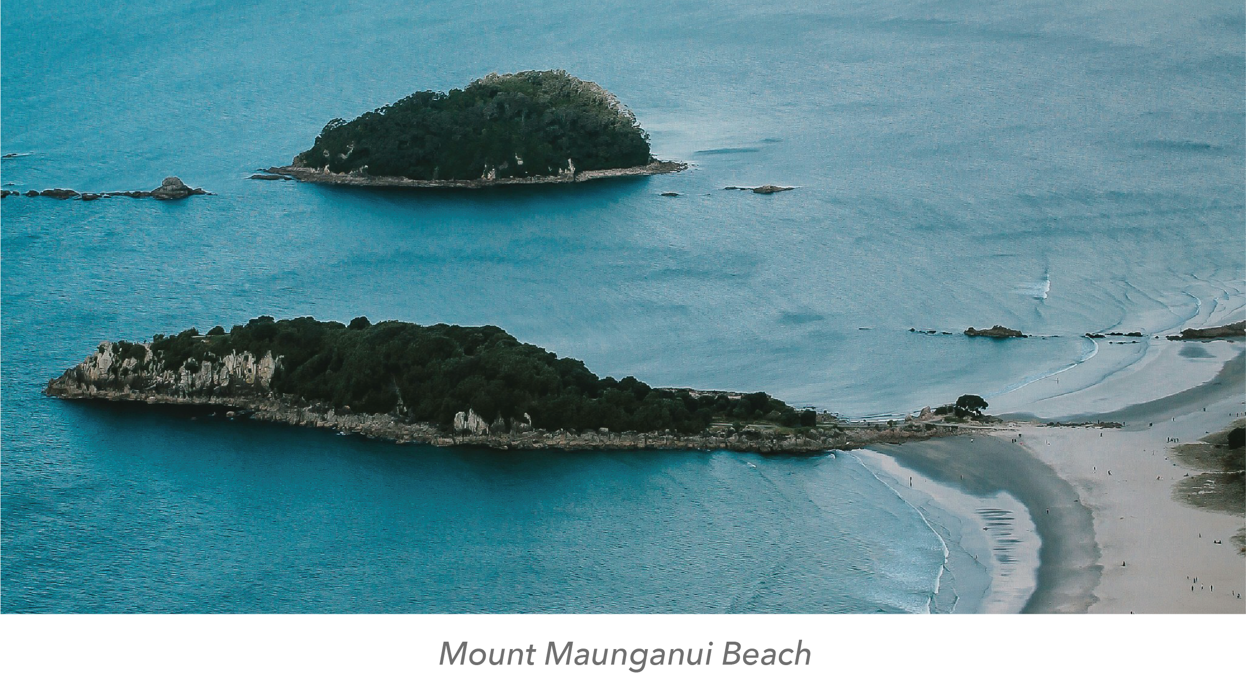 Aerial view of Mount Maunganui Beach showing two small forested islands in the Pacific Ocean with sandy shores and gentle waves.