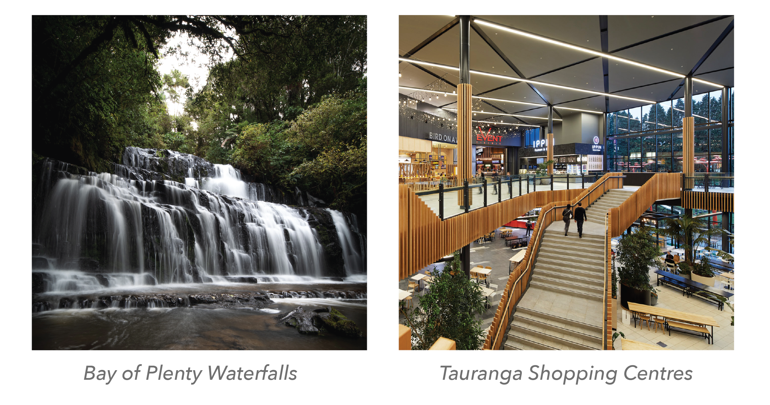 Side-by-side images of a natural waterfall in a forest and an indoor shopping mall with a staircase, wooden accents, and large glass windows.