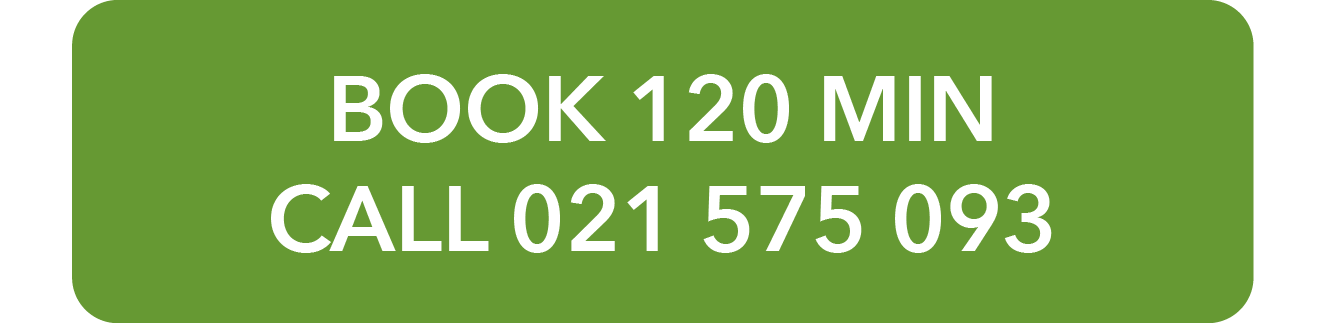 Green rectangular sign with white text that reads: "Book 120 Min Call 021 575 093".