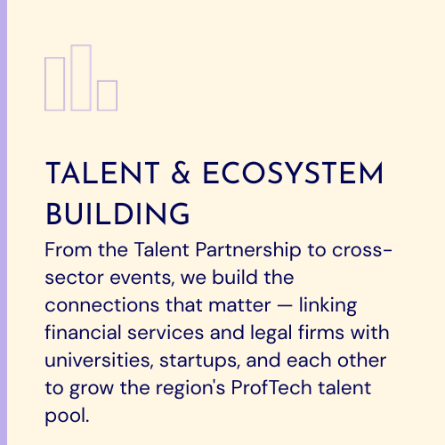 From the Talent Partnership to cross-sector events, we build the connections that matter — linking financial services and legal firms with universities, startups, and each other to grow the region's ProfTech talent pool.