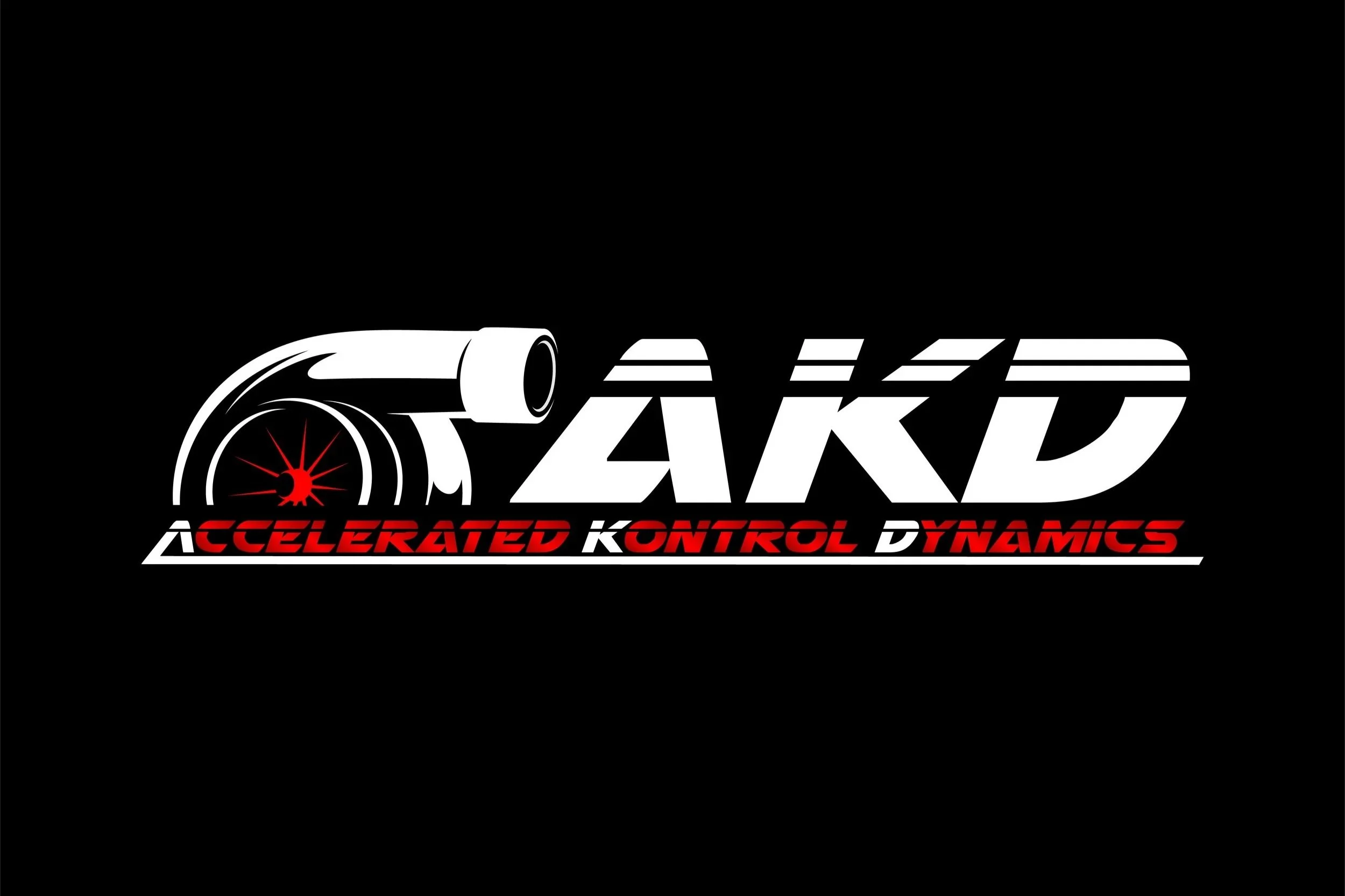 Logo for 'AKD' with a stylized turbocharger and a red inductor on a black background, featuring the phrase 'Accelerated KonTraL DyNAmics' in red and white text.