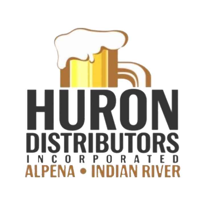 Logo for Huron Distributors Incorporated featuring an illustration of two beer mugs, one frothy and the other plain, with the company name and location at the bottom.