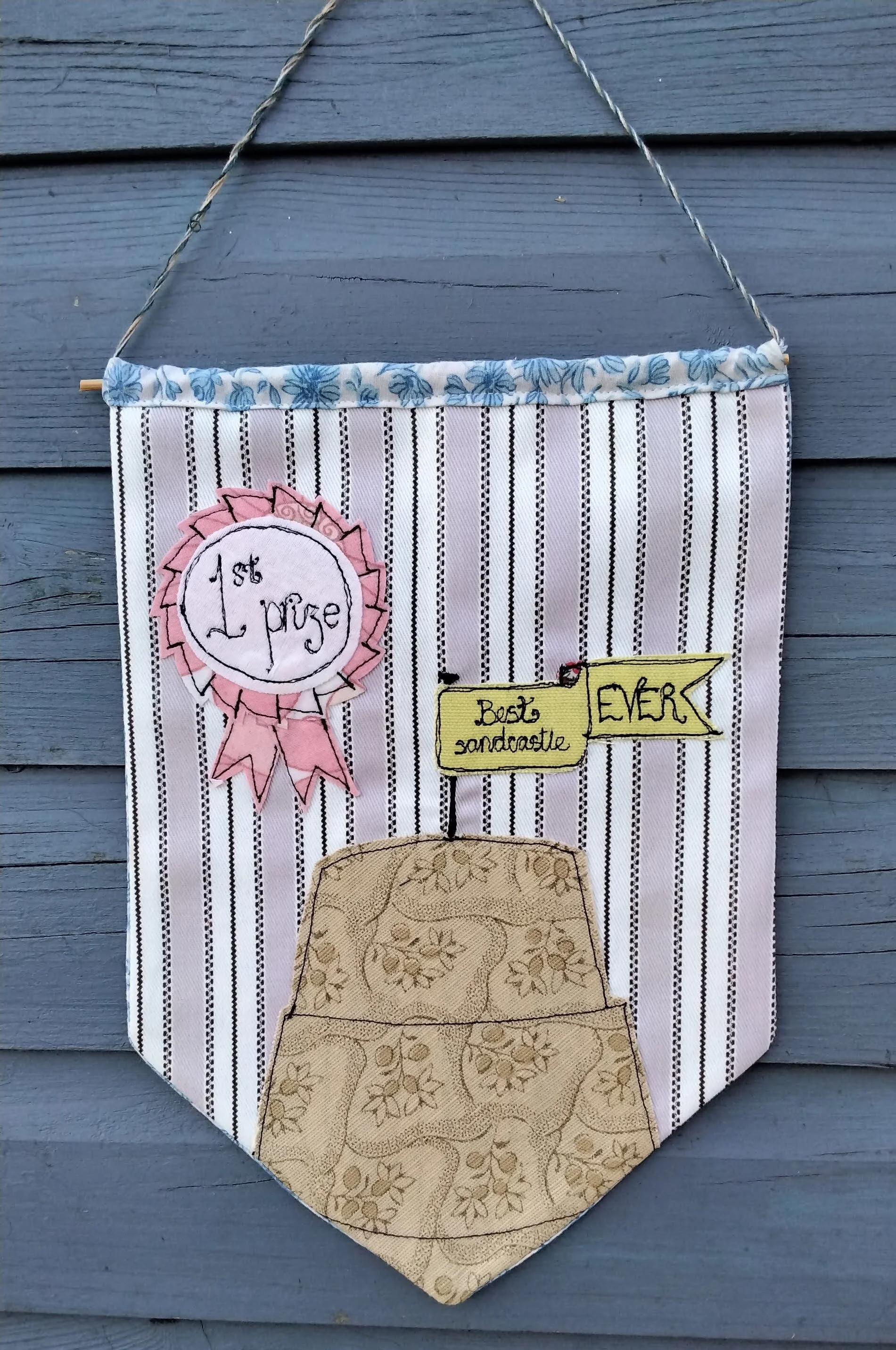 best ever sandcastle pennant, vintage pink ticking, appliqued sandcastle